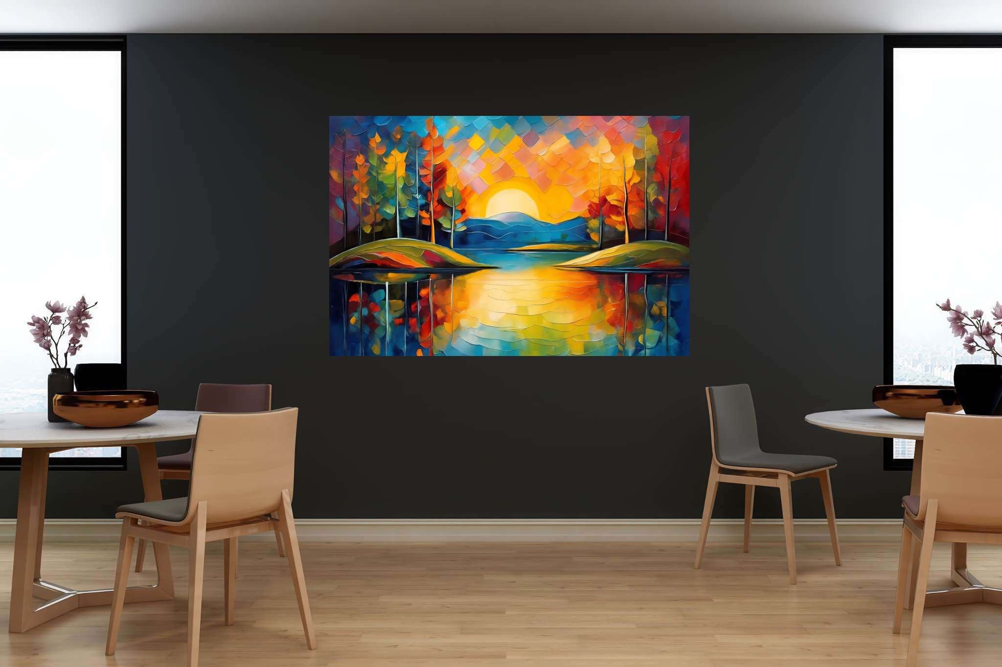 Sunset's gentle embrace: Tranquil landscape art with soothing nature landscapes, in a room with minimalist approach, wall art, and decorative pieces. The art can be printed on poster, framed poster, canvas, metal, acrylic or wood, exclusively at WallArtZen. Find this exact print at https://wallartzen.com/waz247