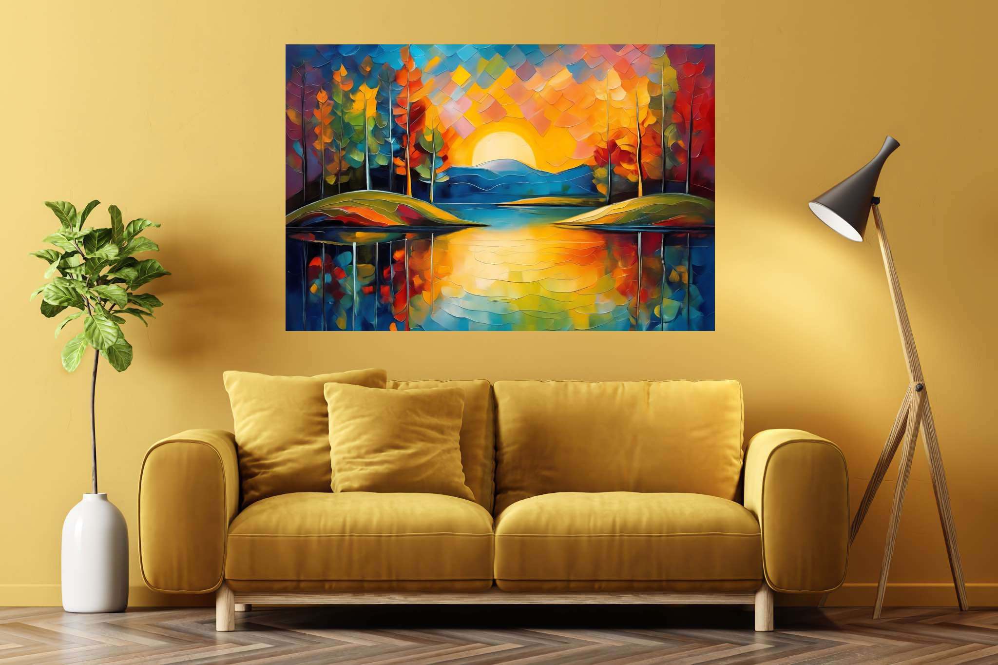 Sunset's gentle embrace: Tranquil landscape art with calm countryside sketches, in a room with artistic style, mural artworks, and trendy home accents. The art can be printed on poster, framed poster, canvas, metal, acrylic or wood, exclusively at WallArtZen. Find this exact print at https://wallartzen.com/waz247