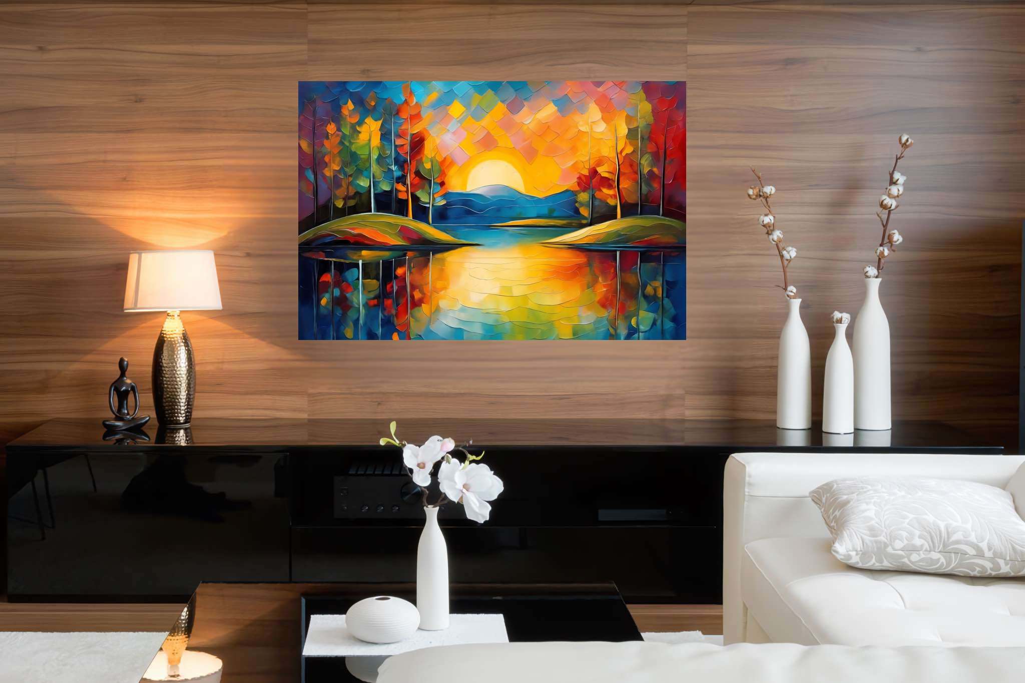 Sunset's gentle embrace: Tranquil landscape art with peaceful landscape vistas, in a room with innovative layout, fine art prints, and decorative pieces. The art can be printed on poster, framed poster, canvas, metal, acrylic or wood, exclusively at WallArtZen. Find this exact print at https://wallartzen.com/waz247