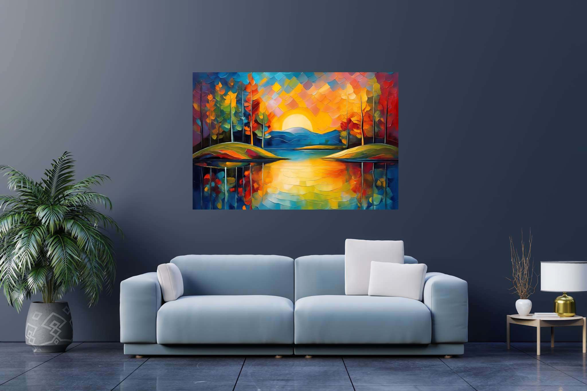 Sunset's gentle embrace: Tranquil landscape art with tranquil landscape art, in a room with minimalist approach, wall hangings, and luxe decor. The art can be printed on poster, framed poster, canvas, metal, acrylic or wood, exclusively at WallArtZen. Find this exact print at https://wallartzen.com/waz247