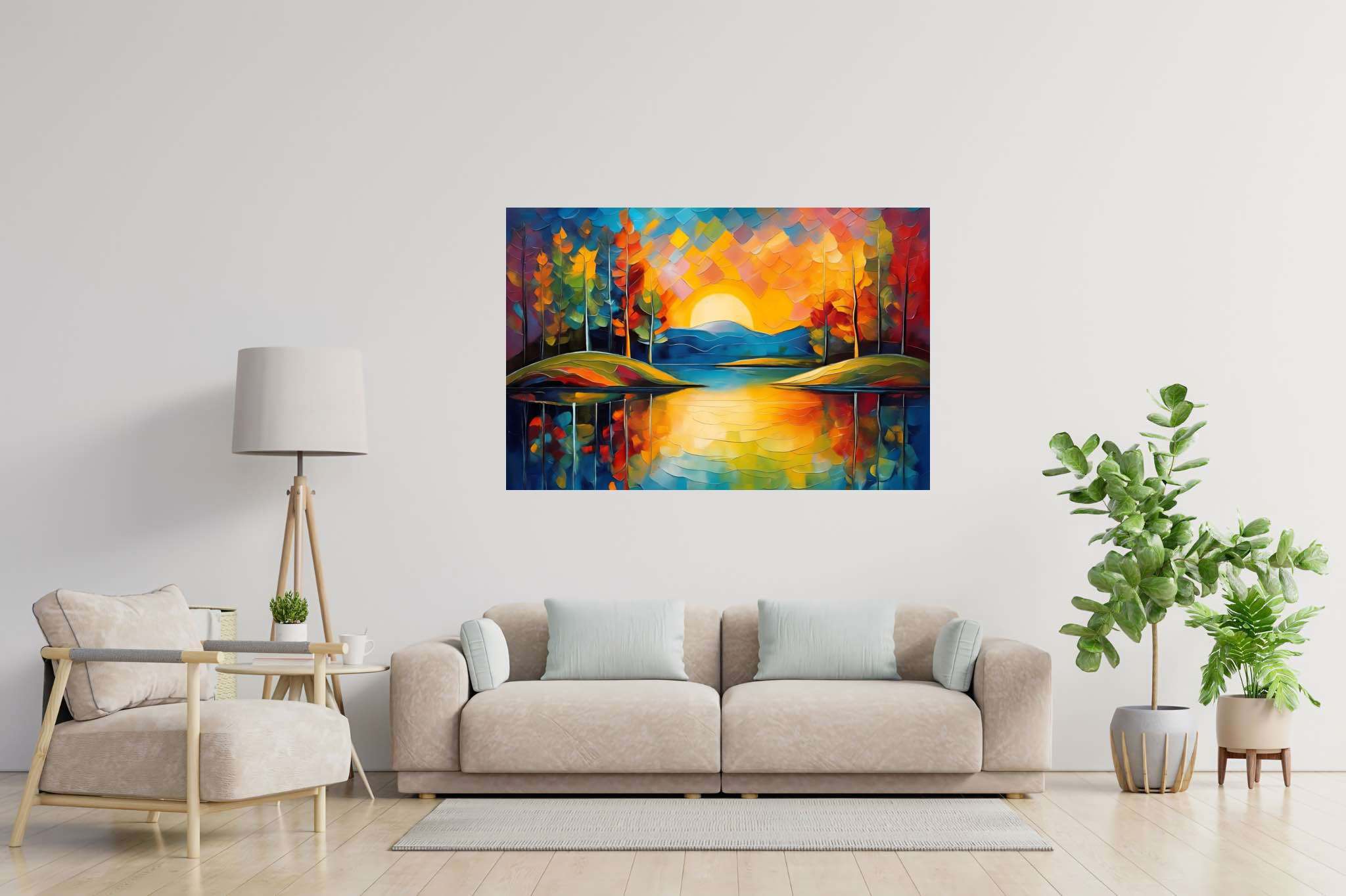 Sunset's gentle embrace: Tranquil landscape art with serene nature paintings, in a room with great design, wall hangings, and elegant home goods. The art can be printed on poster, framed poster, canvas, metal, acrylic or wood, exclusively at WallArtZen. Find this exact print at https://wallartzen.com/waz247