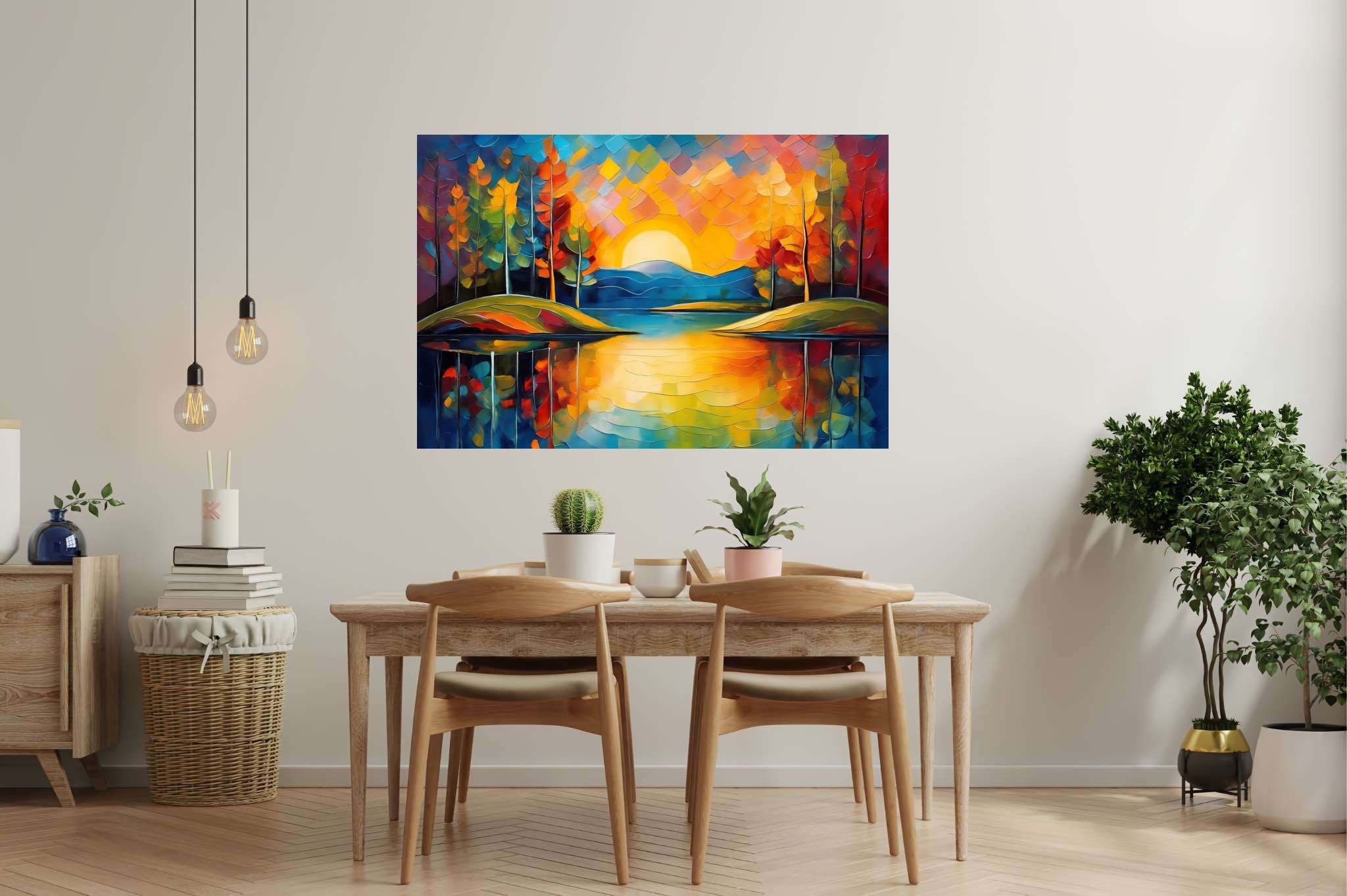 Sunset's gentle embrace: Tranquil landscape art with calm landscape illustrations, in a room with chic decor, abstract paintings, and interior decorations. The art can be printed on poster, framed poster, canvas, metal, acrylic or wood, exclusively at WallArtZen. Find this exact print at https://wallartzen.com/waz247