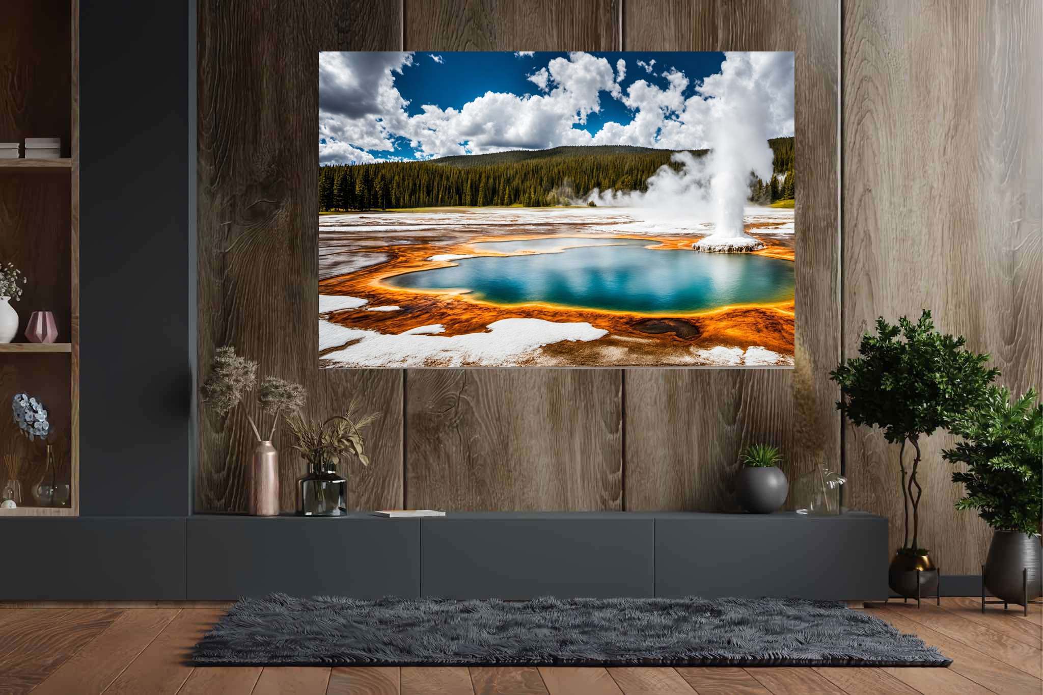 Aqua serenata: Geyser art with eruption, in a room with minimalist approach, abstract paintings, and interior decorations. The art can be printed on poster, framed poster, canvas, metal, acrylic or wood, exclusively at WallArtZen. Find this exact print at https://wallartzen.com/waz248