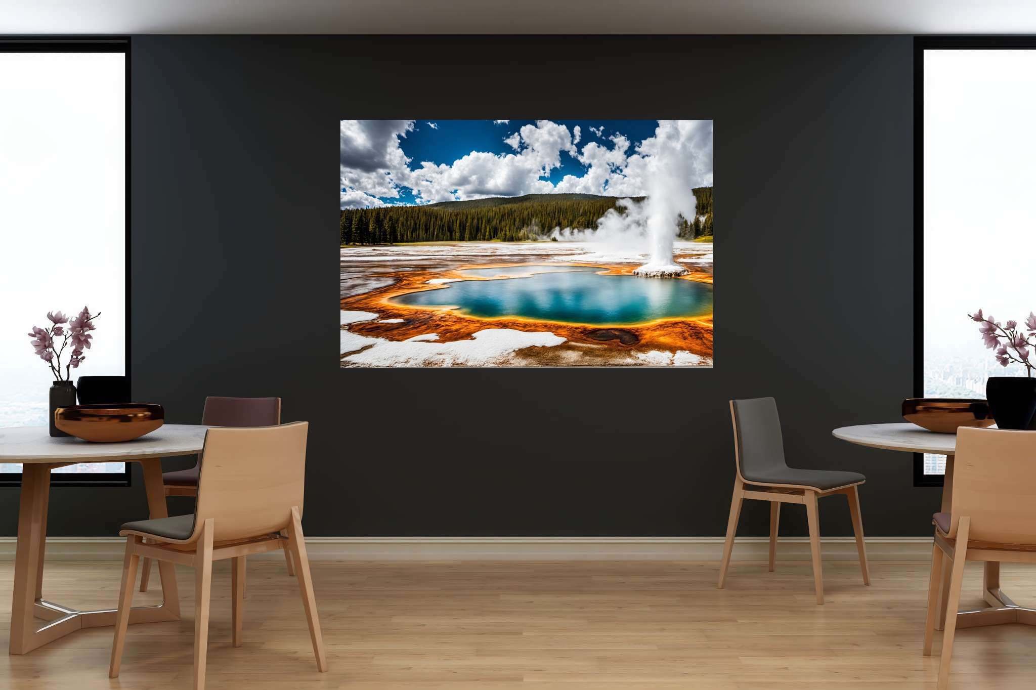 Aqua serenata: Geyser art with geothermal, in a room with contemporary flair, canvas prints, and elegant home goods. The art can be printed on poster, framed poster, canvas, metal, acrylic or wood, exclusively at WallArtZen. Find this exact print at https://wallartzen.com/waz248