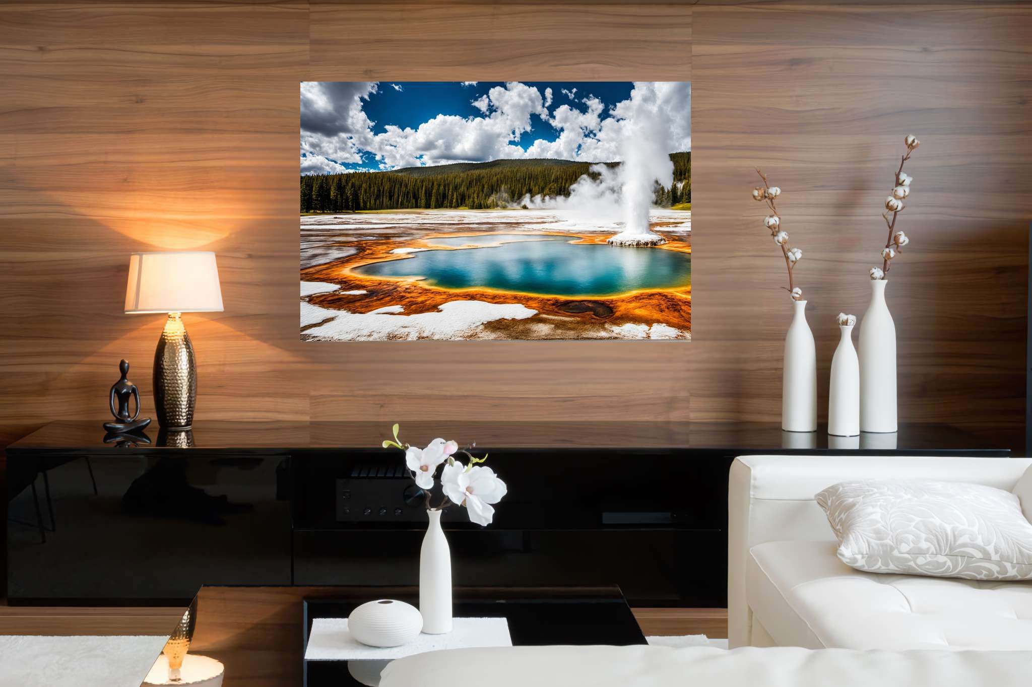 Aqua serenata: Geyser art with water formation, in a room with classic elegance, wall hangings, and stylish accessories. The art can be printed on poster, framed poster, canvas, metal, acrylic or wood, exclusively at WallArtZen. Find this exact print at https://wallartzen.com/waz248