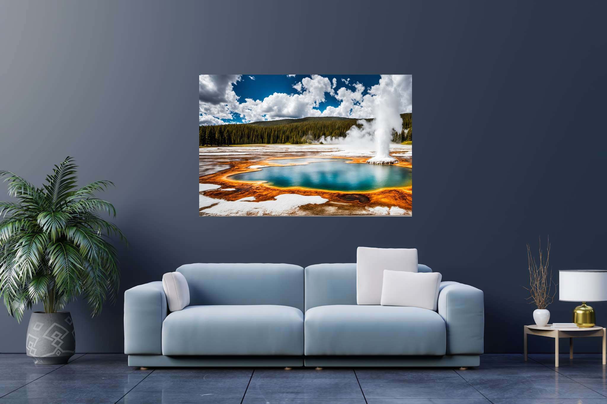 Aqua serenata: Geyser art with artistic interpretation, in a room with urban design, gallery-quality artwork, and stylish accessories. The art can be printed on poster, framed poster, canvas, metal, acrylic or wood, exclusively at WallArtZen. Find this exact print at https://wallartzen.com/waz248