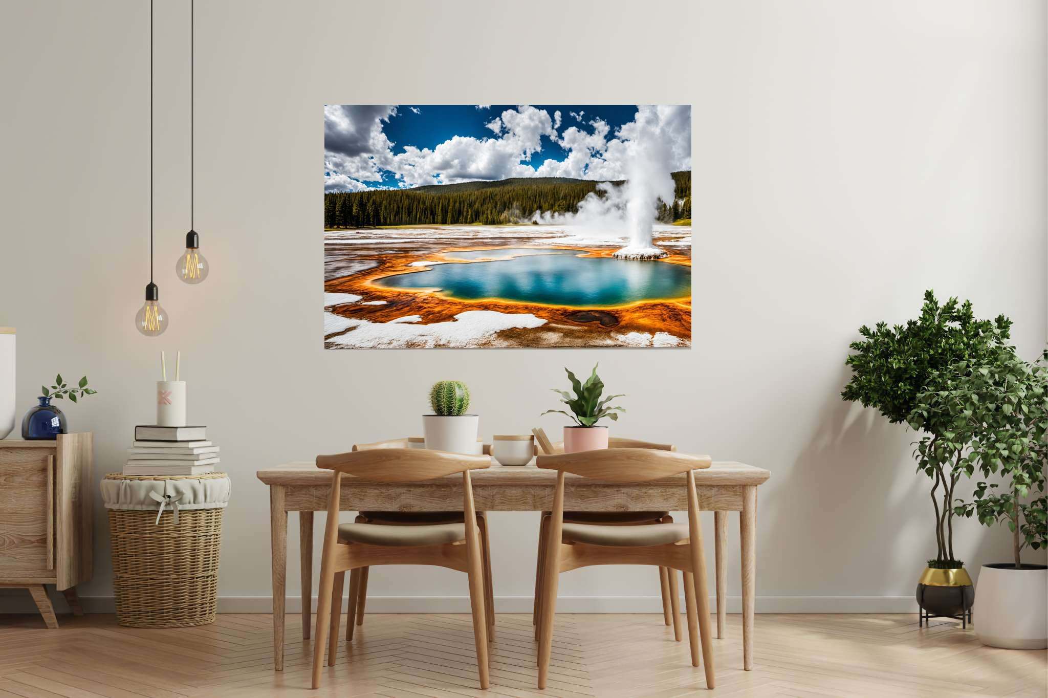 Aqua serenata: Geyser art with eruption, in a room with minimalist approach, canvas prints, and stylish accessories. The art can be printed on poster, framed poster, canvas, metal, acrylic or wood, exclusively at WallArtZen. Find this exact print at https://wallartzen.com/waz248