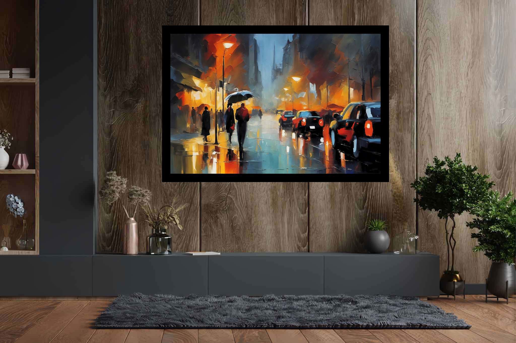 Rain draped boulevard dreams: Rainy night art with rainy night street art, in a room with contemporary flair, bespoke art designs, and stylish accessories. The art can be printed on poster, framed poster, canvas, metal, acrylic or wood, exclusively at WallArtZen. Find this exact print at https://wallartzen.com/waz249
