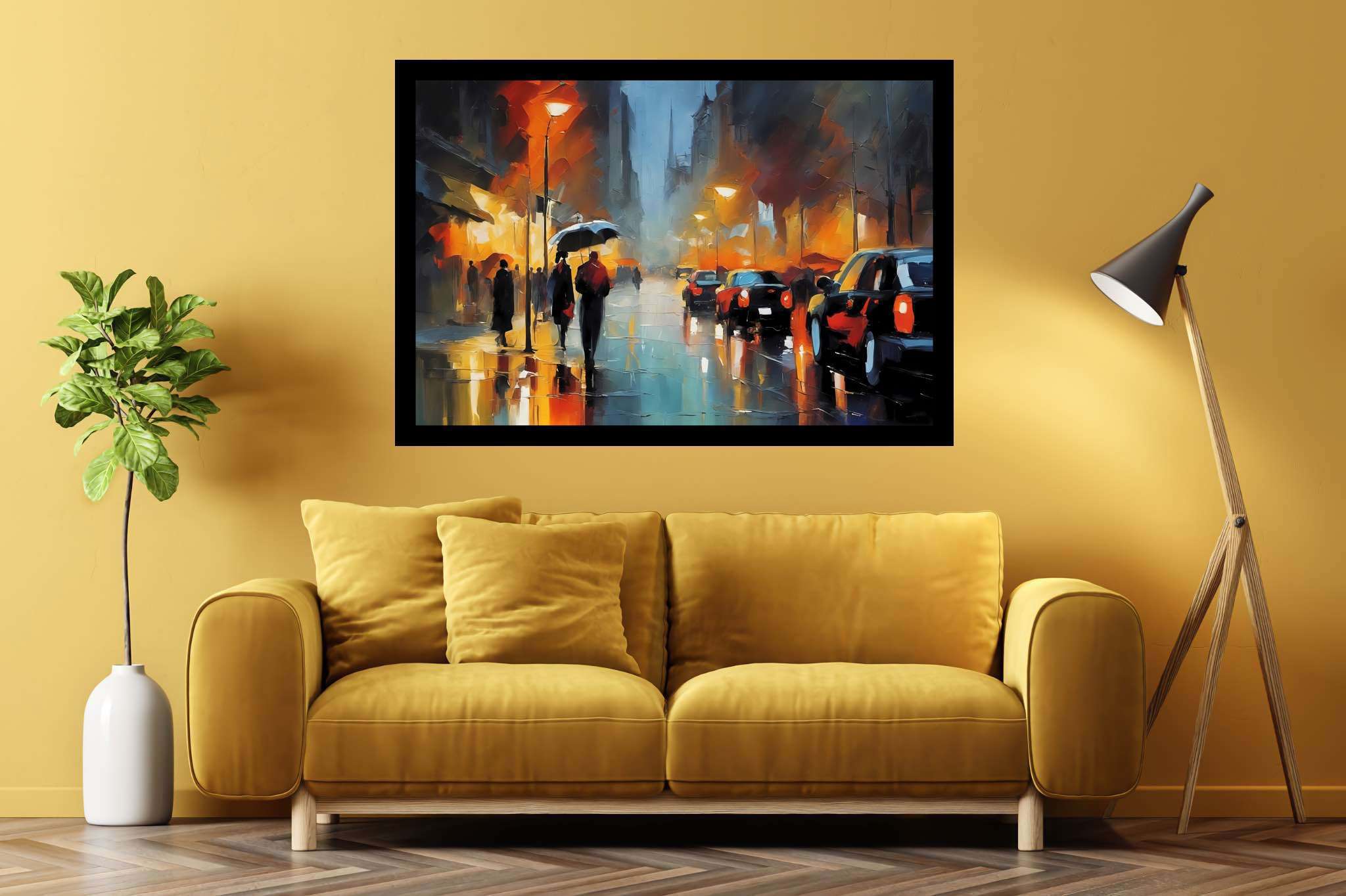 Rain draped boulevard dreams: Rainy night art with cityscape in rain, in a room with elegant layout, photographic wall art, and luxe decor. The art can be printed on poster, framed poster, canvas, metal, acrylic or wood, exclusively at WallArtZen. Find this exact print at https://wallartzen.com/waz249