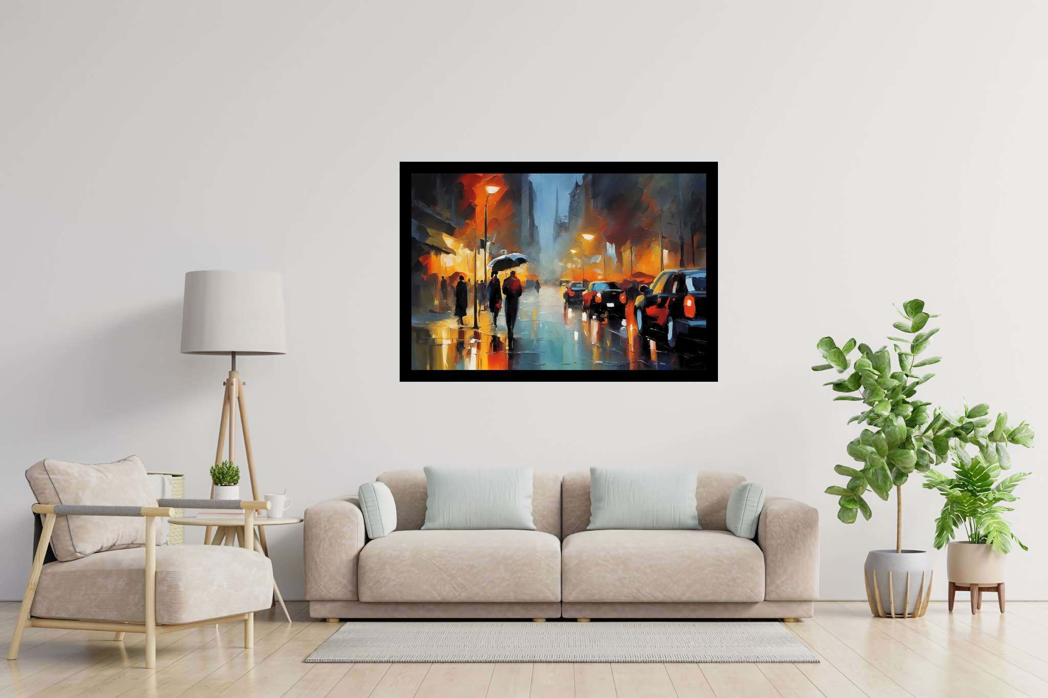 Rain draped boulevard dreams: Rainy night art with rainy night oil painting, in a room with modern style, digital art pieces, and home furnishings. The art can be printed on poster, framed poster, canvas, metal, acrylic or wood, exclusively at WallArtZen. Find this exact print at https://wallartzen.com/waz249