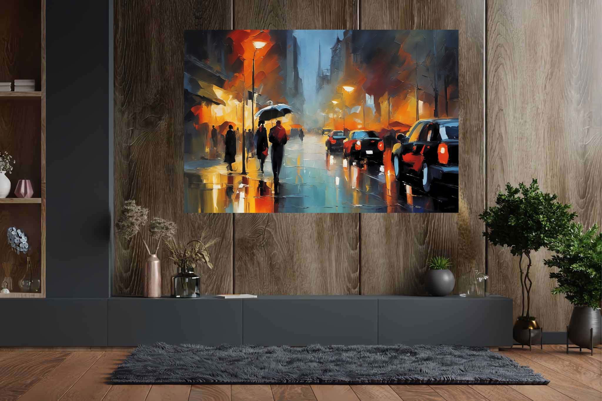 Rain draped boulevard dreams: Rainy night art with rainy night art, in a room with chic decor, bespoke art designs, and artisan decor. The art can be printed on poster, framed poster, canvas, metal, acrylic or wood, exclusively at WallArtZen. Find this exact print at https://wallartzen.com/waz249