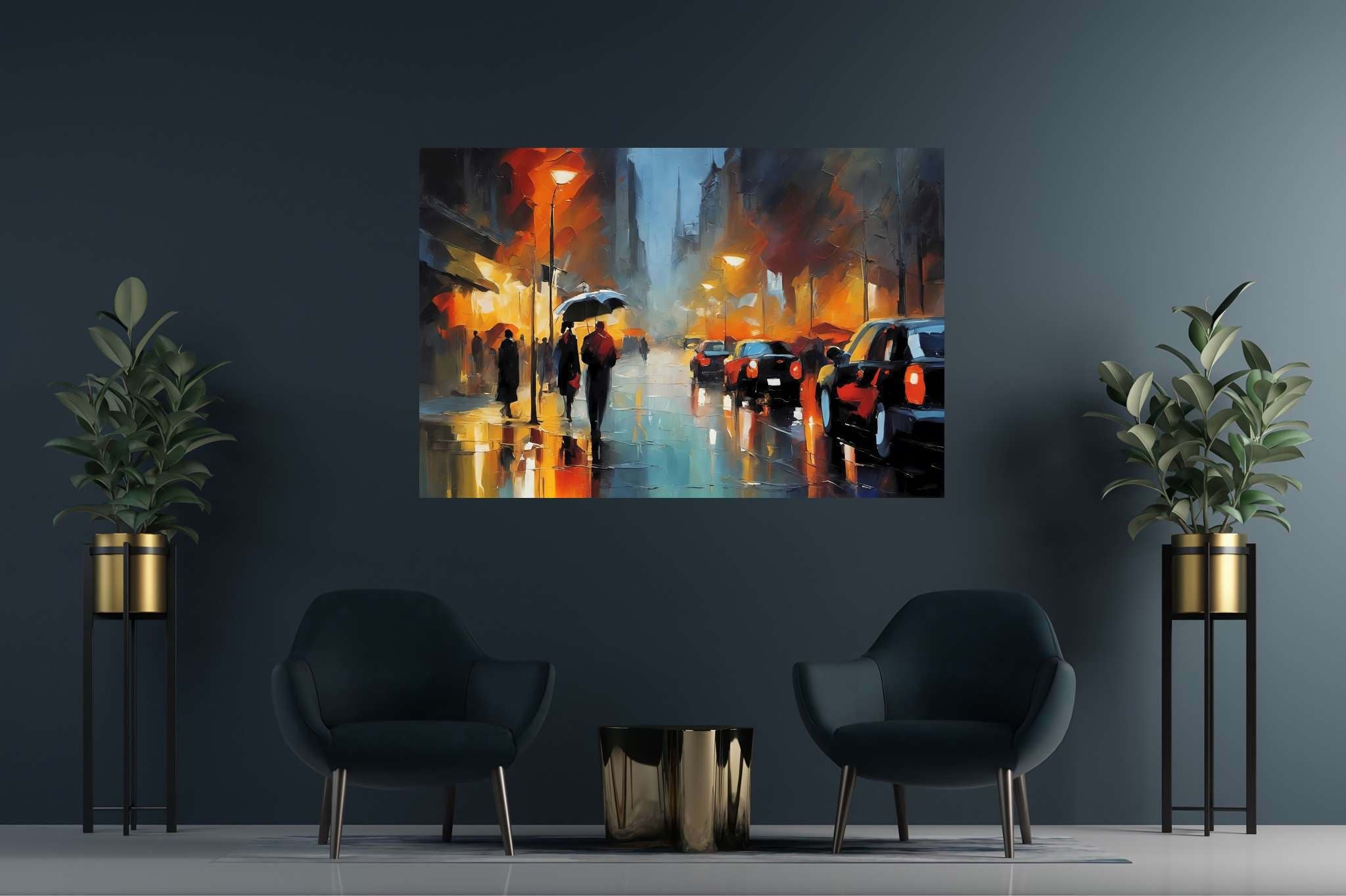 Rain draped boulevard dreams: Rainy night art with rainy night reflections, in a room with great design, gallery-quality artwork, and home furnishings. The art can be printed on poster, framed poster, canvas, metal, acrylic or wood, exclusively at WallArtZen. Find this exact print at https://wallartzen.com/waz249