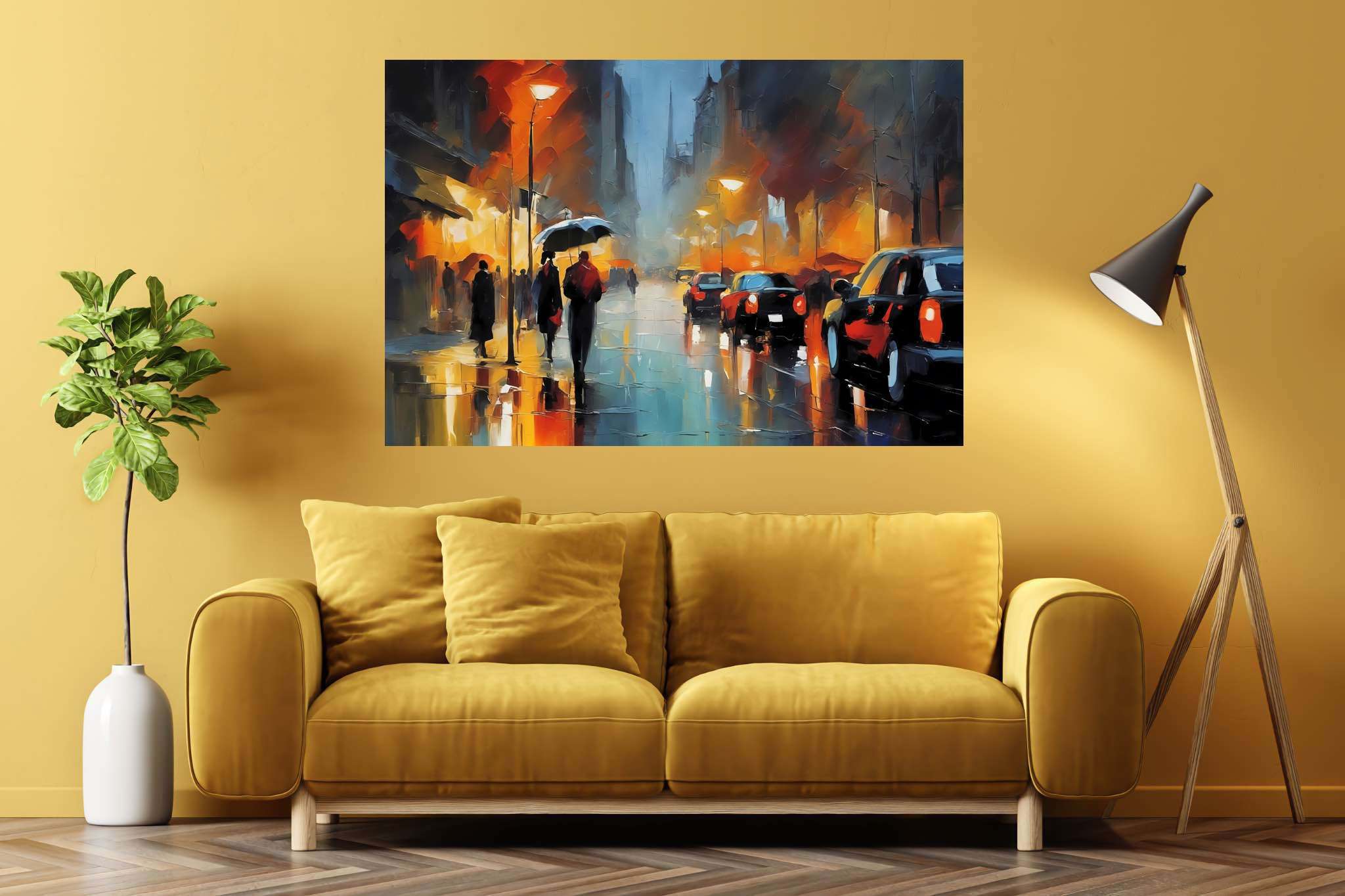 Rain draped boulevard dreams: Rainy night art with rainy night landscape, in a room with artistic style, wall hangings, and decorative pieces. The art can be printed on poster, framed poster, canvas, metal, acrylic or wood, exclusively at WallArtZen. Find this exact print at https://wallartzen.com/waz249