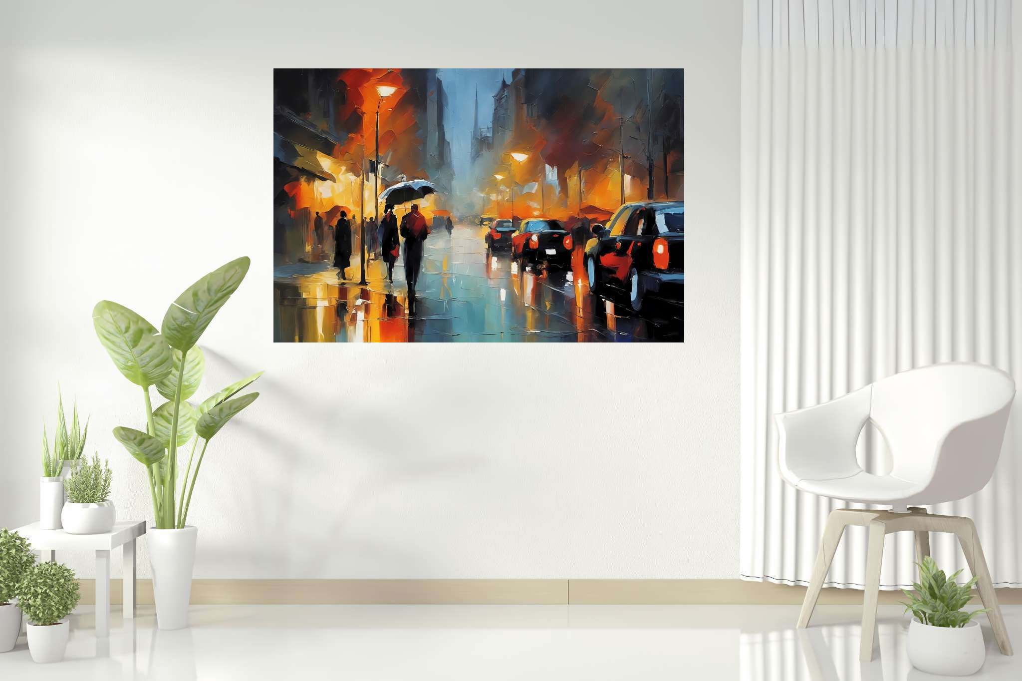 Rain draped boulevard dreams: Rainy night art with rainy night city lights, in a room with modern style, gallery-quality artwork, and decorative pieces. The art can be printed on poster, framed poster, canvas, metal, acrylic or wood, exclusively at WallArtZen. Find this exact print at https://wallartzen.com/waz249