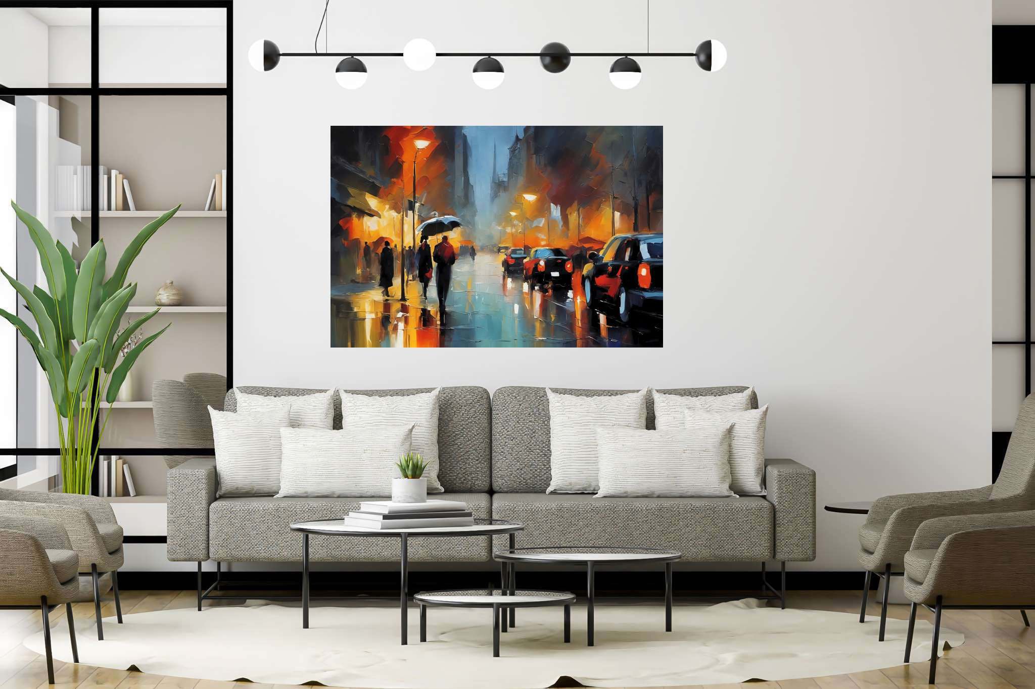 Rain draped boulevard dreams: Rainy night art with rainy evening artwork, in a room with elegant layout, mural artworks, and decorative pieces. The art can be printed on poster, framed poster, canvas, metal, acrylic or wood, exclusively at WallArtZen. Find this exact print at https://wallartzen.com/waz249
