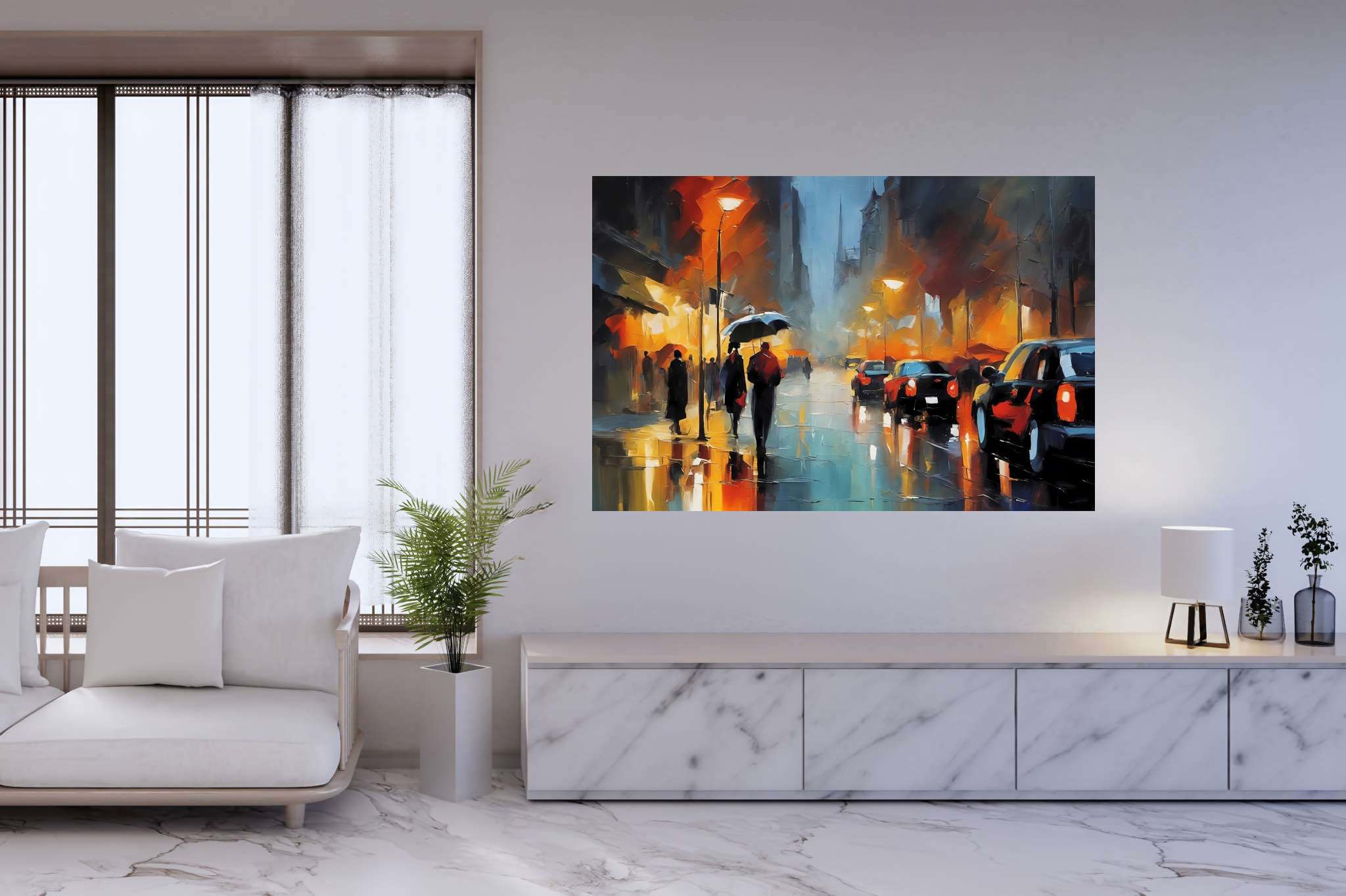 Rain draped boulevard dreams: Rainy night art with abstract rainy night, in a room with elegant layout, wall hangings, and trendy home accents. The art can be printed on poster, framed poster, canvas, metal, acrylic or wood, exclusively at WallArtZen. Find this exact print at https://wallartzen.com/waz249