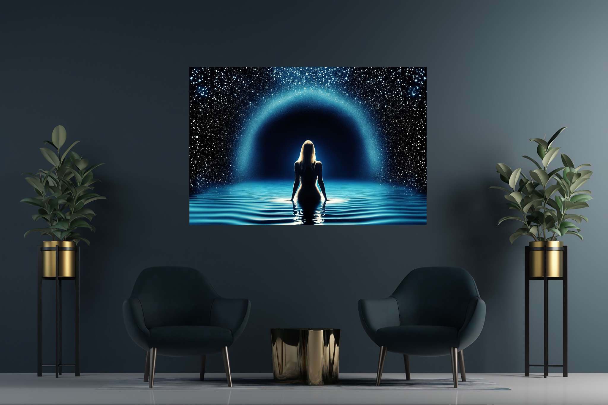 Starlit muse of the deep: Celestial art with celestial sculptures, in a room with artistic style, photographic wall art, and decorative pieces. The art can be printed on poster, framed poster, canvas, metal, acrylic or wood, exclusively at WallArtZen. Find this exact print at https://wallartzen.com/waz24