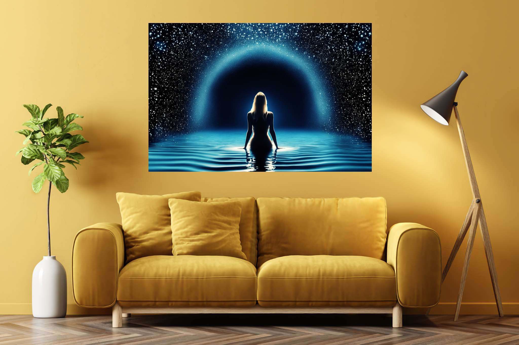 Starlit muse of the deep: Celestial art with celestial bodies, in a room with contemporary flair, framed art, and home styling items. The art can be printed on poster, framed poster, canvas, metal, acrylic or wood, exclusively at WallArtZen. Find this exact print at https://wallartzen.com/waz24