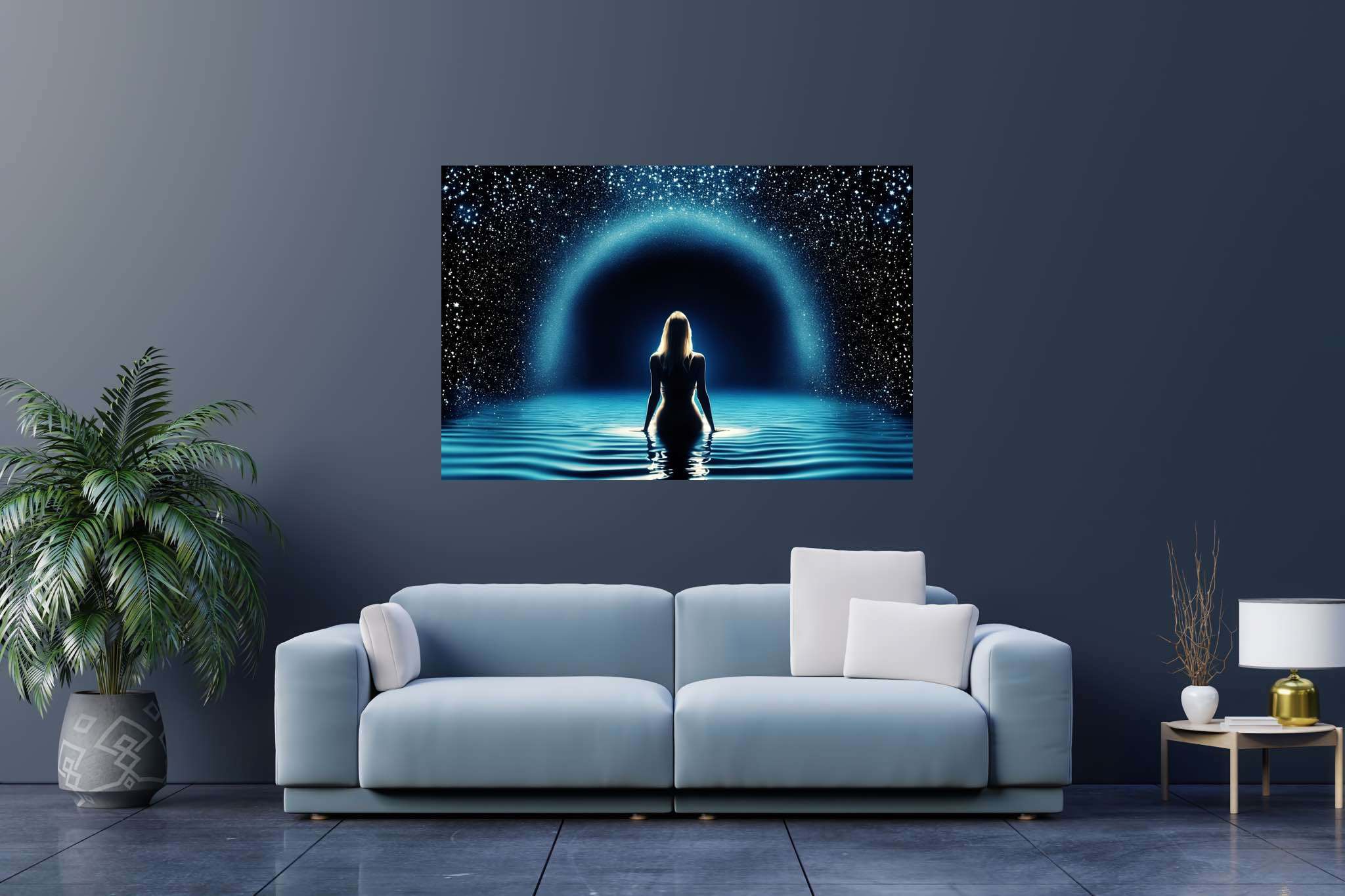 Starlit muse of the deep: Celestial art with celestial landscapes, in a room with great design, mural artworks, and interior decorations. The art can be printed on poster, framed poster, canvas, metal, acrylic or wood, exclusively at WallArtZen. Find this exact print at https://wallartzen.com/waz24