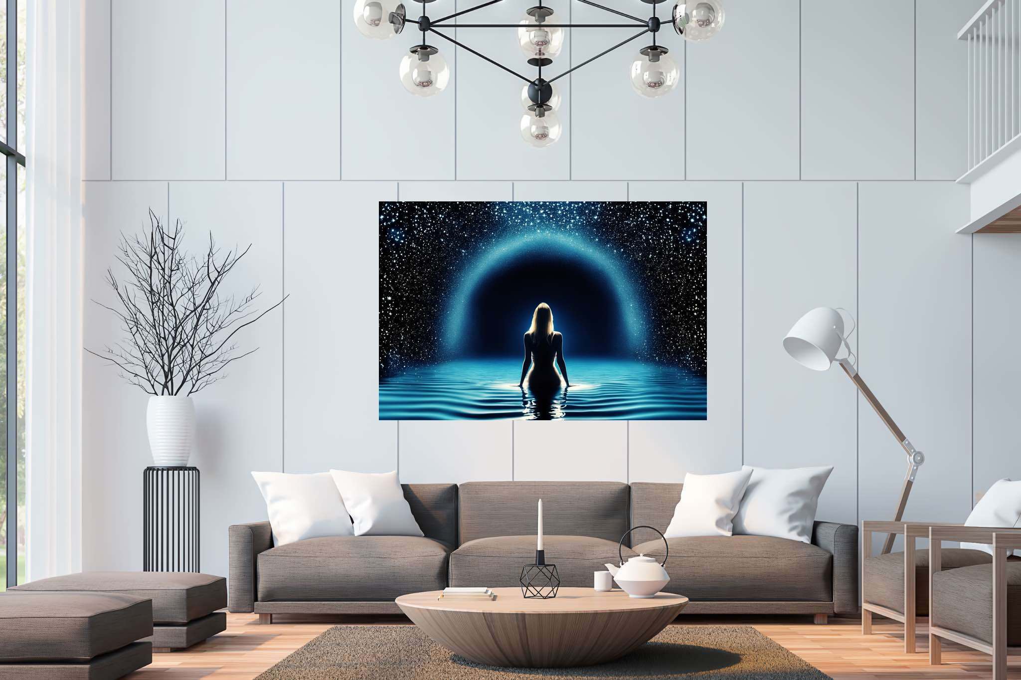 Starlit muse of the deep: Celestial art with cosmic art, in a room with great design, canvas prints, and artisan decor. The art can be printed on poster, framed poster, canvas, metal, acrylic or wood, exclusively at WallArtZen. Find this exact print at https://wallartzen.com/waz24