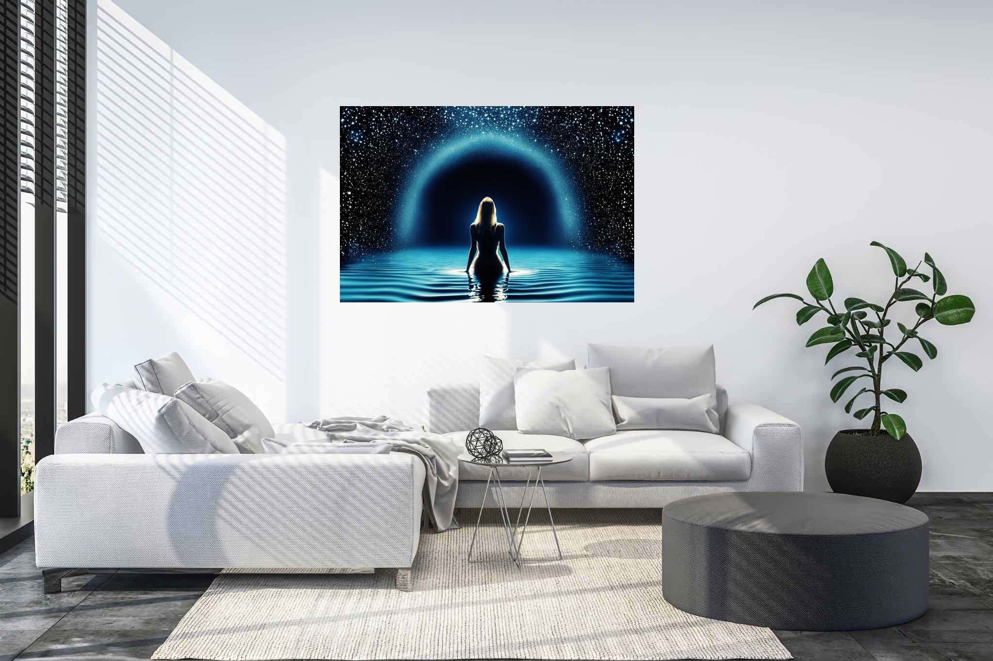 Starlit muse of the deep: Celestial art with astronomy, in a room with minimalist approach, digital art pieces, and interior decorations. The art can be printed on poster, framed poster, canvas, metal, acrylic or wood, exclusively at WallArtZen. Find this exact print at https://wallartzen.com/waz24