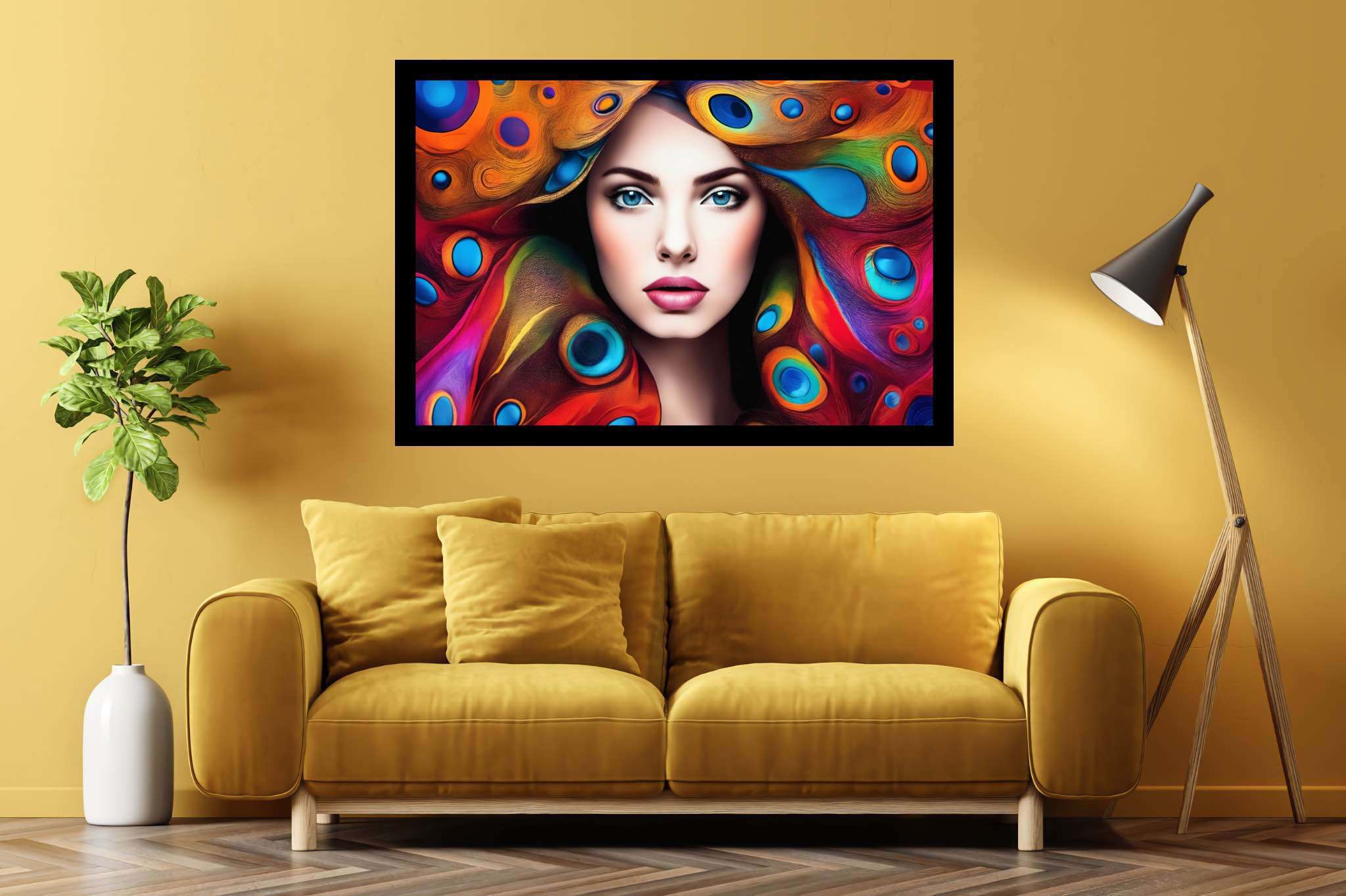 Plumage and soul embrace: Peacock art with nature-inspired art, in a room with contemporary flair, photographic wall art, and artisan decor. The art can be printed on poster, framed poster, canvas, metal, acrylic or wood, exclusively at WallArtZen. Find this exact print at https://wallartzen.com/waz252