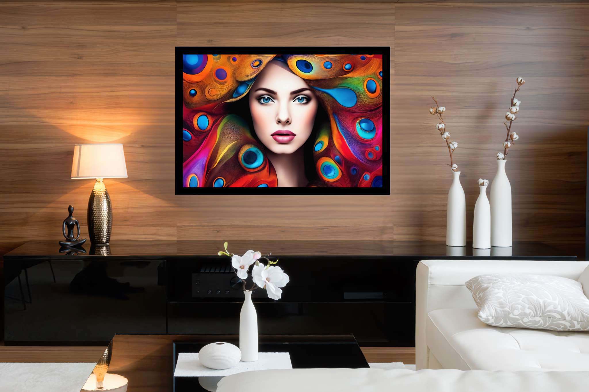 Plumage and soul embrace: Peacock art with artistic depictions of peacocks, in a room with minimalist approach, wall hangings, and artisan decor. The art can be printed on poster, framed poster, canvas, metal, acrylic or wood, exclusively at WallArtZen. Find this exact print at https://wallartzen.com/waz252