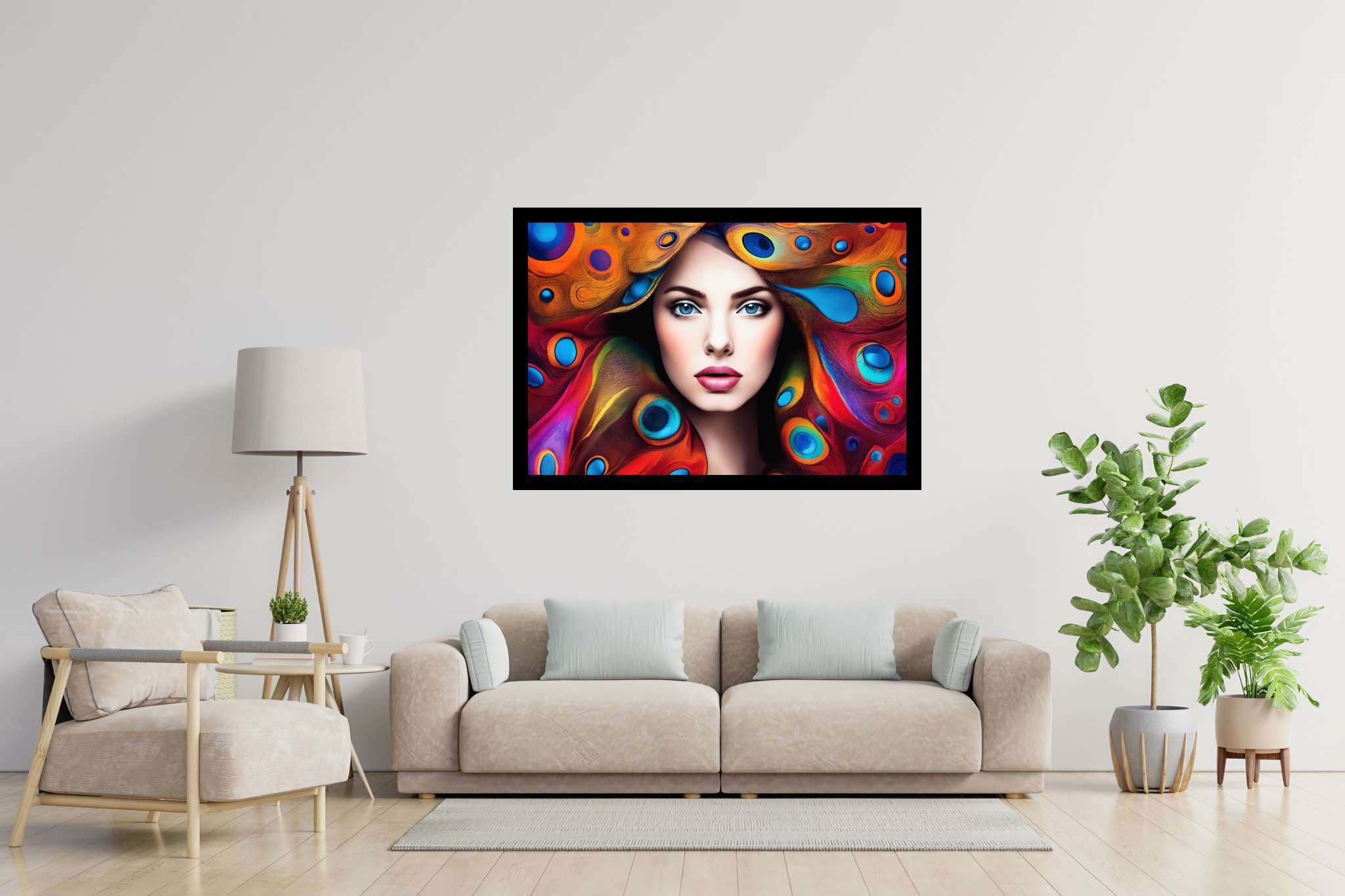 Plumage and soul embrace: Peacock art with colorful artwork, in a room with urban design, mural artworks, and home styling items. The art can be printed on poster, framed poster, canvas, metal, acrylic or wood, exclusively at WallArtZen. Find this exact print at https://wallartzen.com/waz252