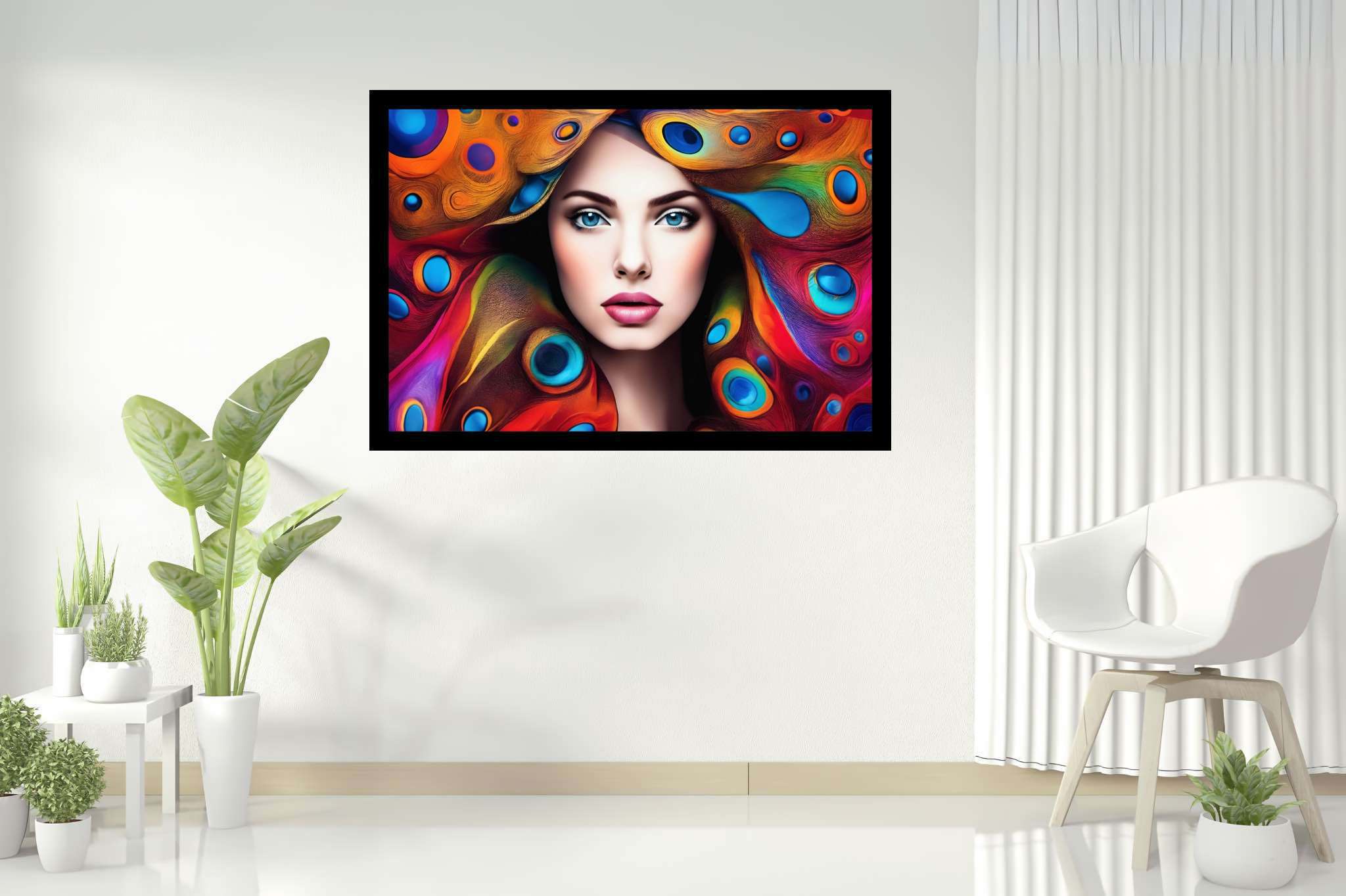 Plumage and soul embrace: Peacock art with exotic bird artwork, in a room with modern style, photographic wall art, and home furnishings. The art can be printed on poster, framed poster, canvas, metal, acrylic or wood, exclusively at WallArtZen. Find this exact print at https://wallartzen.com/waz252
