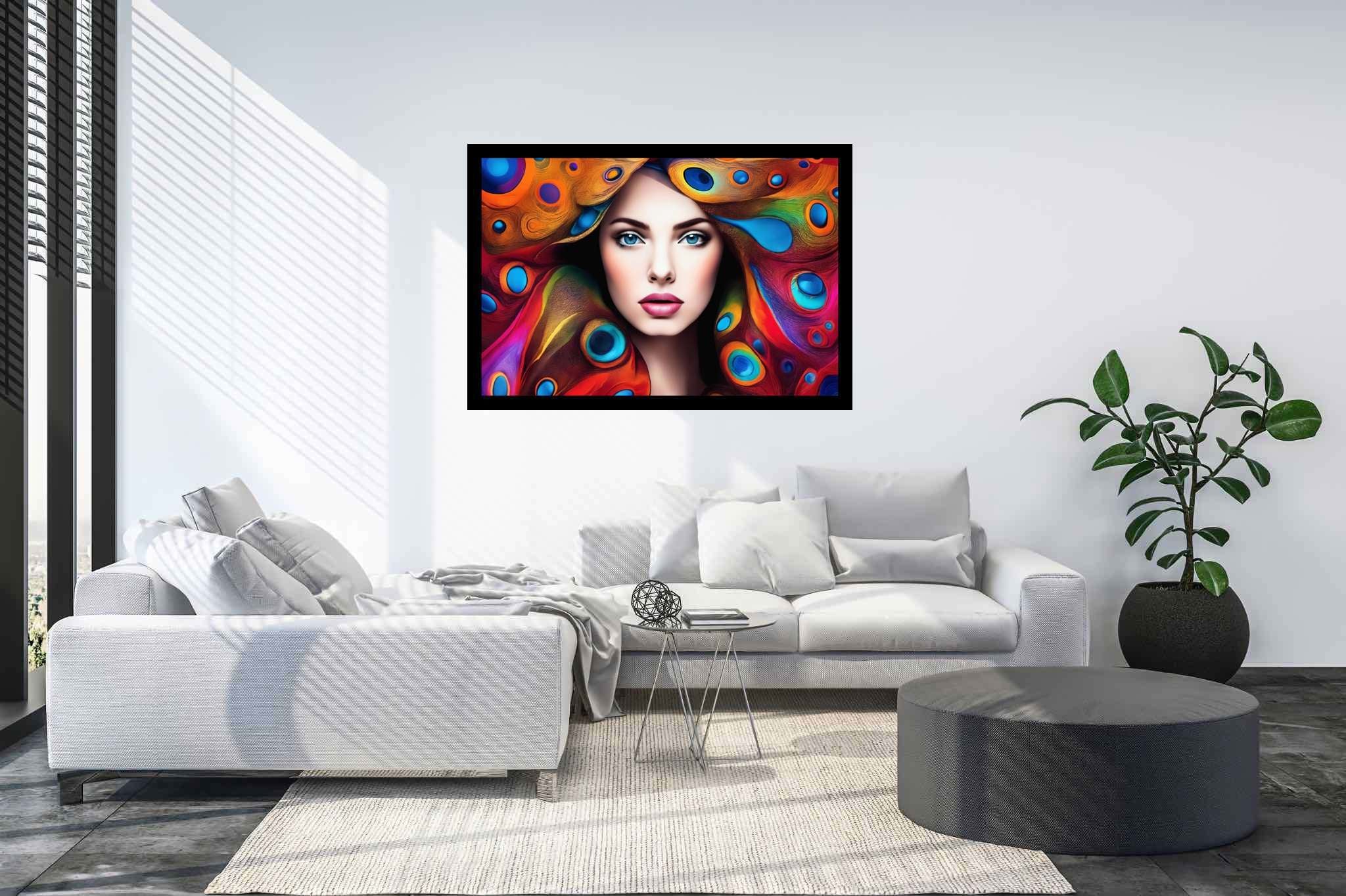 Plumage and soul embrace: Peacock art with colorful artwork, in a room with minimalist approach, wall hangings, and trendy home accents. The art can be printed on poster, framed poster, canvas, metal, acrylic or wood, exclusively at WallArtZen. Find this exact print at https://wallartzen.com/waz252