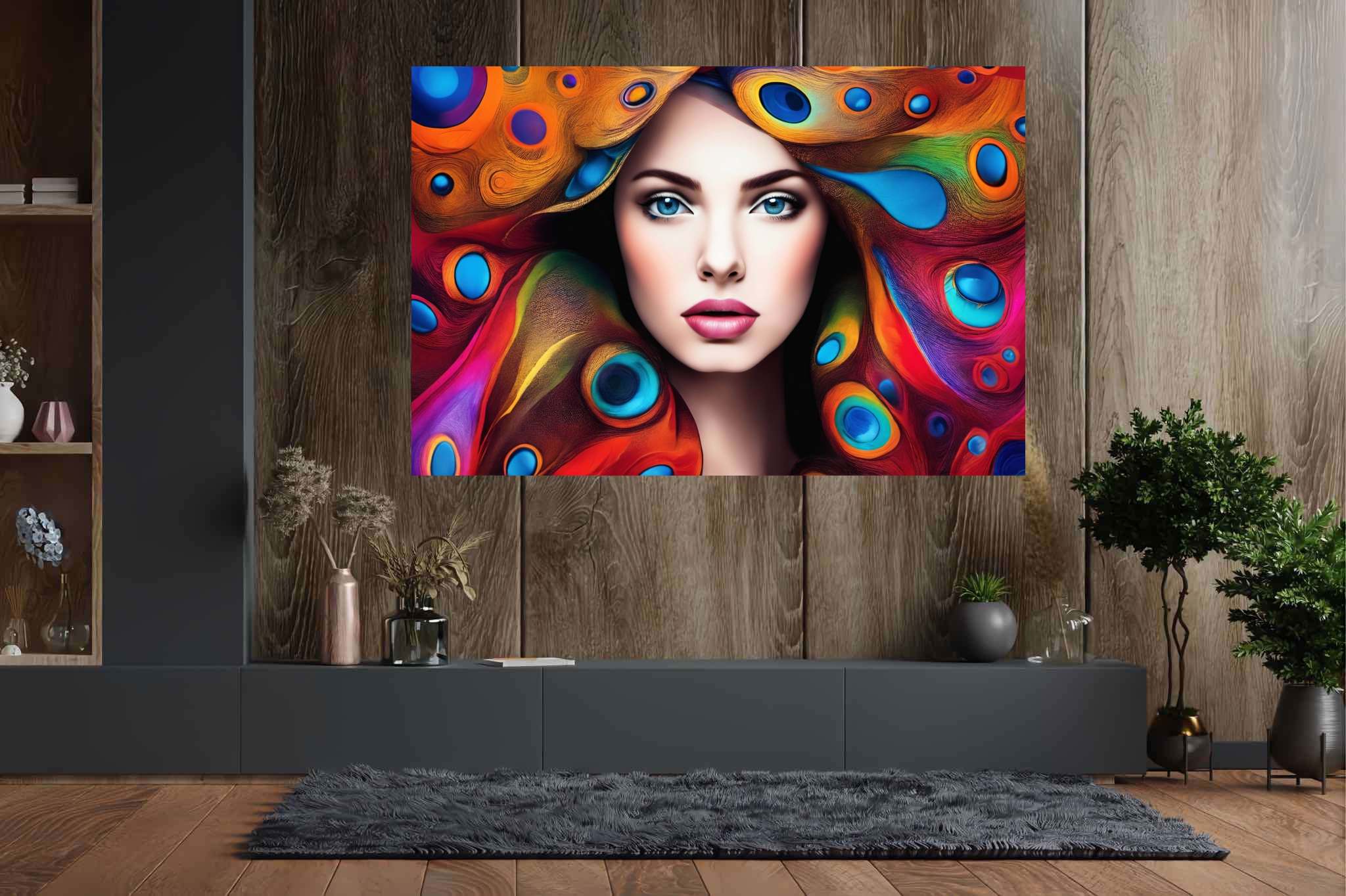 Plumage and soul embrace: Peacock art with artistic depictions of peacocks, in a room with elegant layout, digital art pieces, and elegant home goods. The art can be printed on poster, framed poster, canvas, metal, acrylic or wood, exclusively at WallArtZen. Find this exact print at https://wallartzen.com/waz252