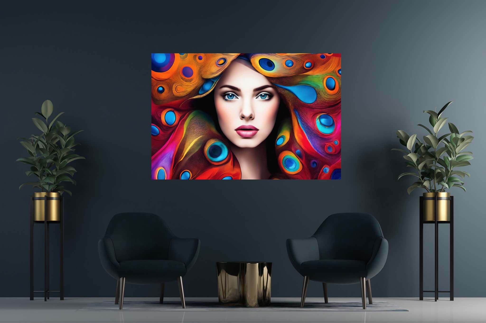 Plumage and soul embrace: Peacock art with majestic bird paintings, in a room with elegant layout, bespoke art designs, and home furnishings. The art can be printed on poster, framed poster, canvas, metal, acrylic or wood, exclusively at WallArtZen. Find this exact print at https://wallartzen.com/waz252