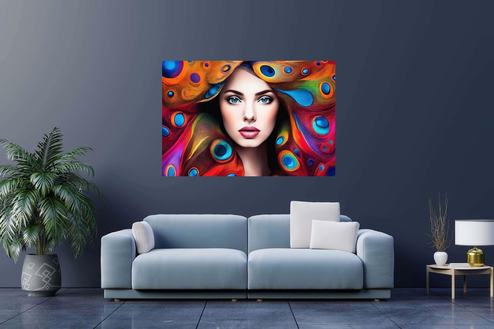 Plumage and soul embrace: Peacock art with intricate plumage designs, in a room with urban design, framed art, and luxe decor. The art can be printed on poster, framed poster, canvas, metal, acrylic or wood, exclusively at WallArtZen. Find this exact print at https://wallartzen.com/waz252