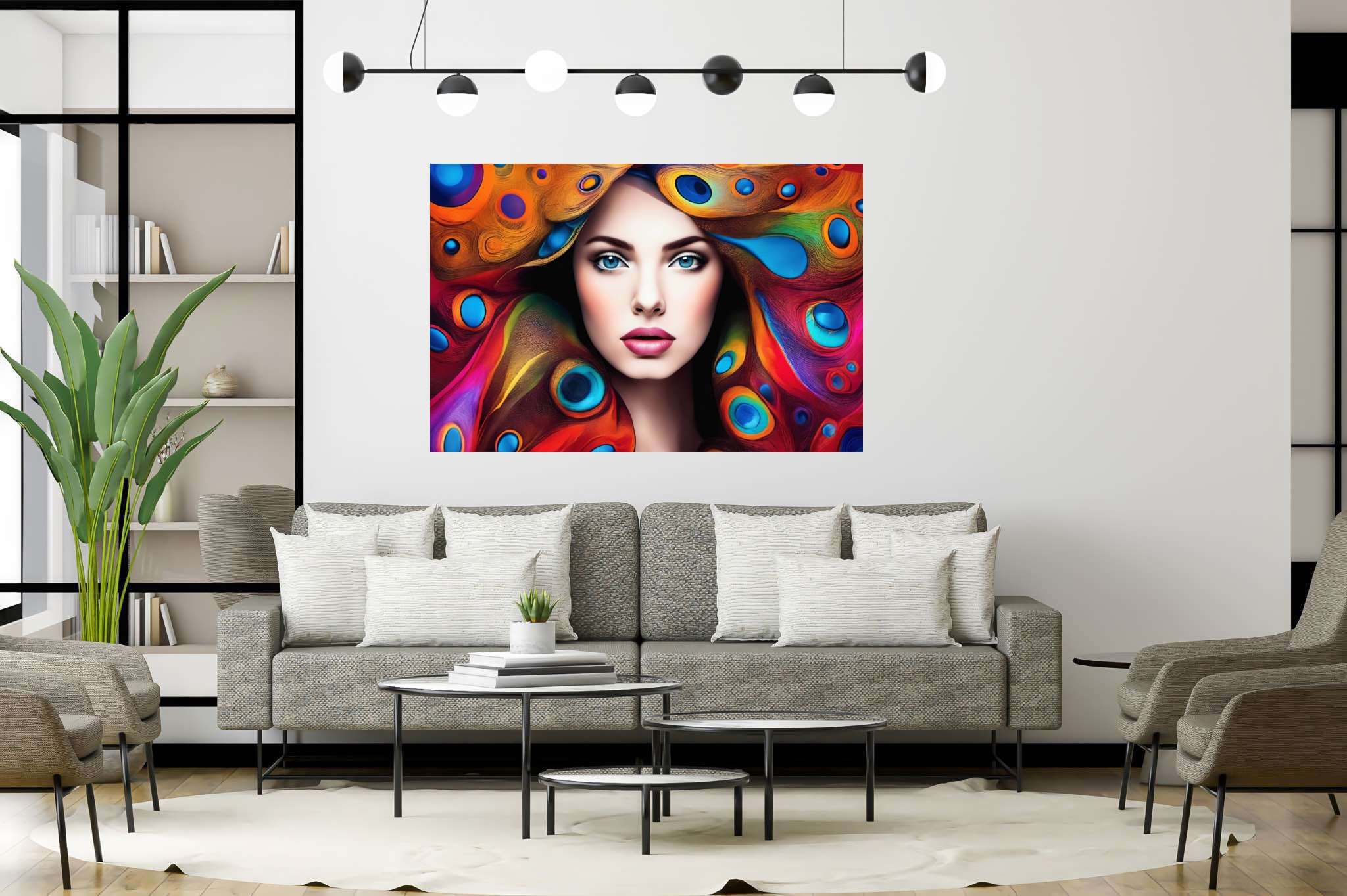 Plumage and soul embrace: Peacock art with vibrant canvases, in a room with elegant layout, bespoke art designs, and home styling items. The art can be printed on poster, framed poster, canvas, metal, acrylic or wood, exclusively at WallArtZen. Find this exact print at https://wallartzen.com/waz252