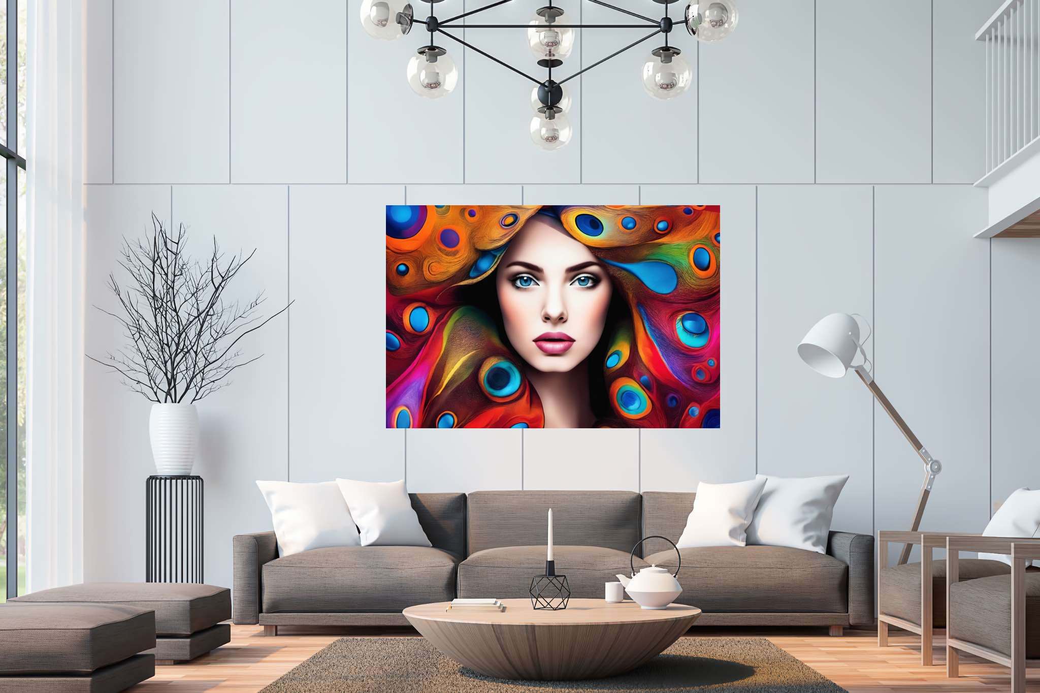 Plumage and soul embrace: Peacock art with nature-inspired art, in a room with elegant layout, bespoke art designs, and stylish accessories. The art can be printed on poster, framed poster, canvas, metal, acrylic or wood, exclusively at WallArtZen. Find this exact print at https://wallartzen.com/waz252