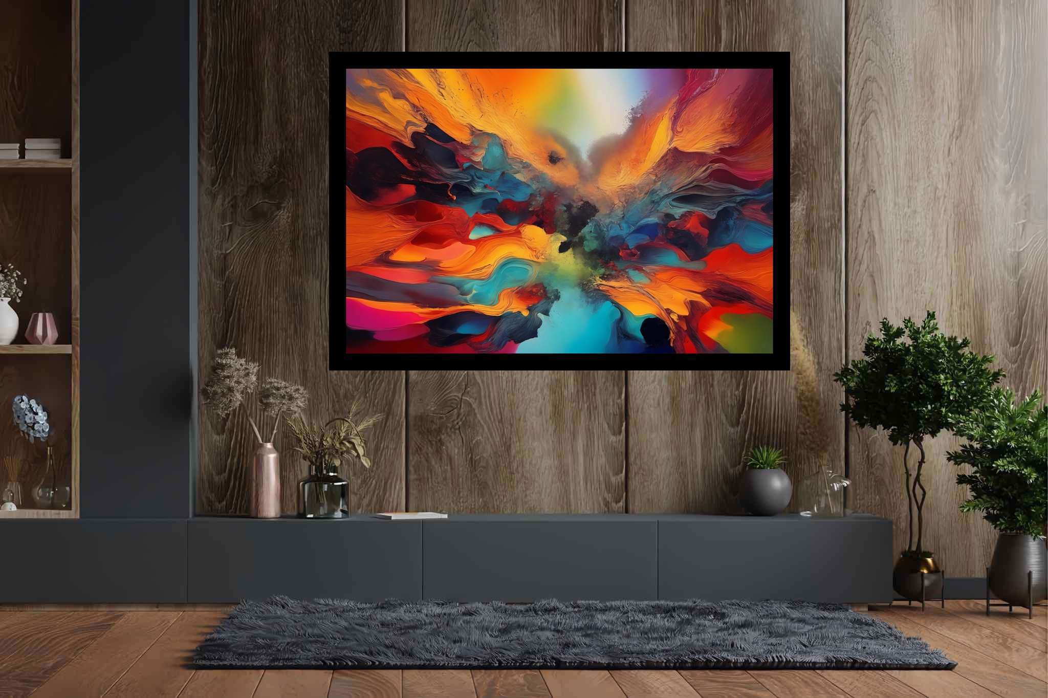Chromatic rhapsody: Vibrant art with bold, in a room with innovative layout, wall art, and trendy home accents. The art can be printed on poster, framed poster, canvas, metal, acrylic or wood, exclusively at WallArtZen. Find this exact print at https://wallartzen.com/waz253