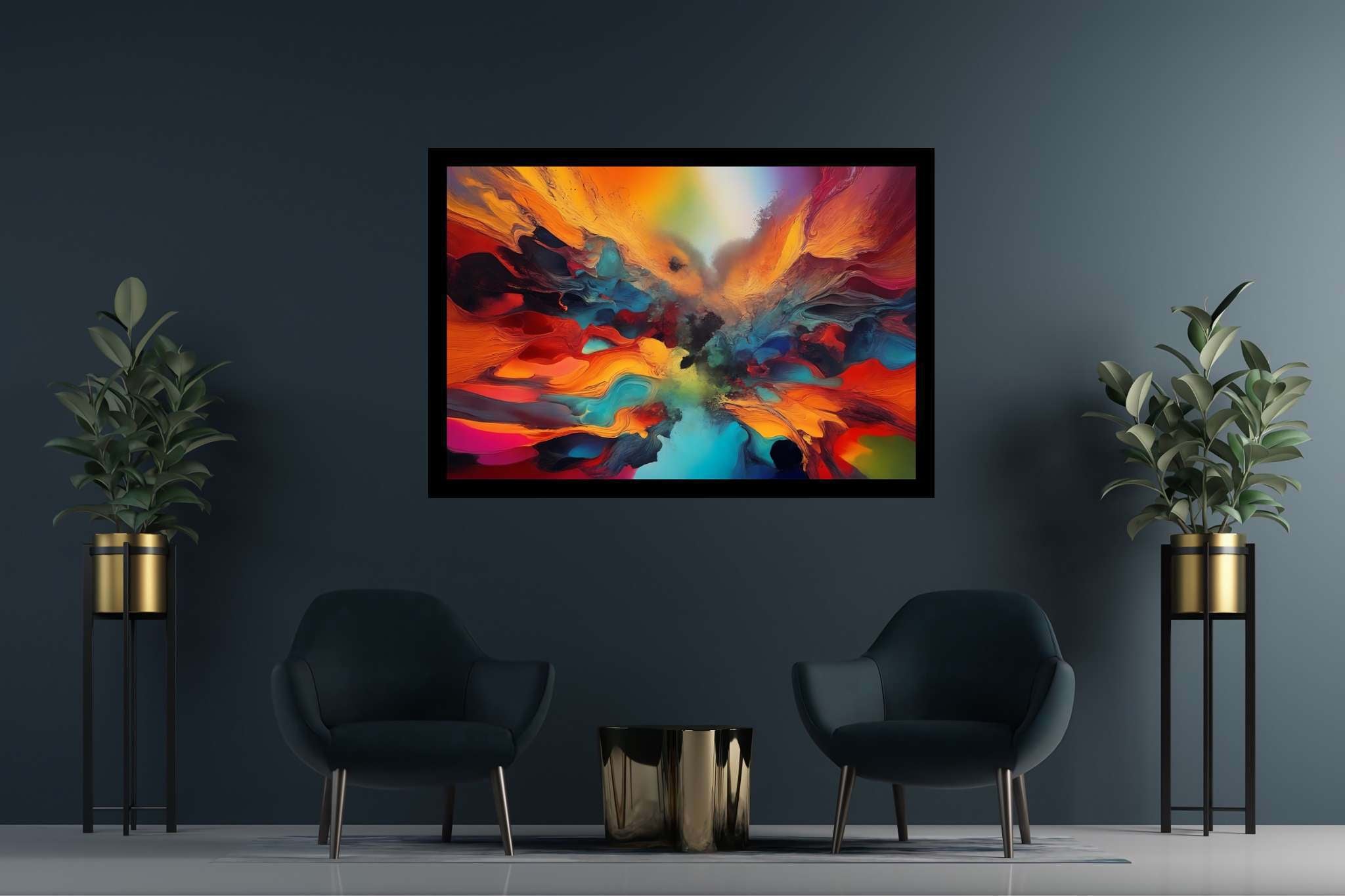 Chromatic rhapsody: Vibrant art with vivid, in a room with artistic style, bespoke art designs, and elegant home goods. The art can be printed on poster, framed poster, canvas, metal, acrylic or wood, exclusively at WallArtZen. Find this exact print at https://wallartzen.com/waz253