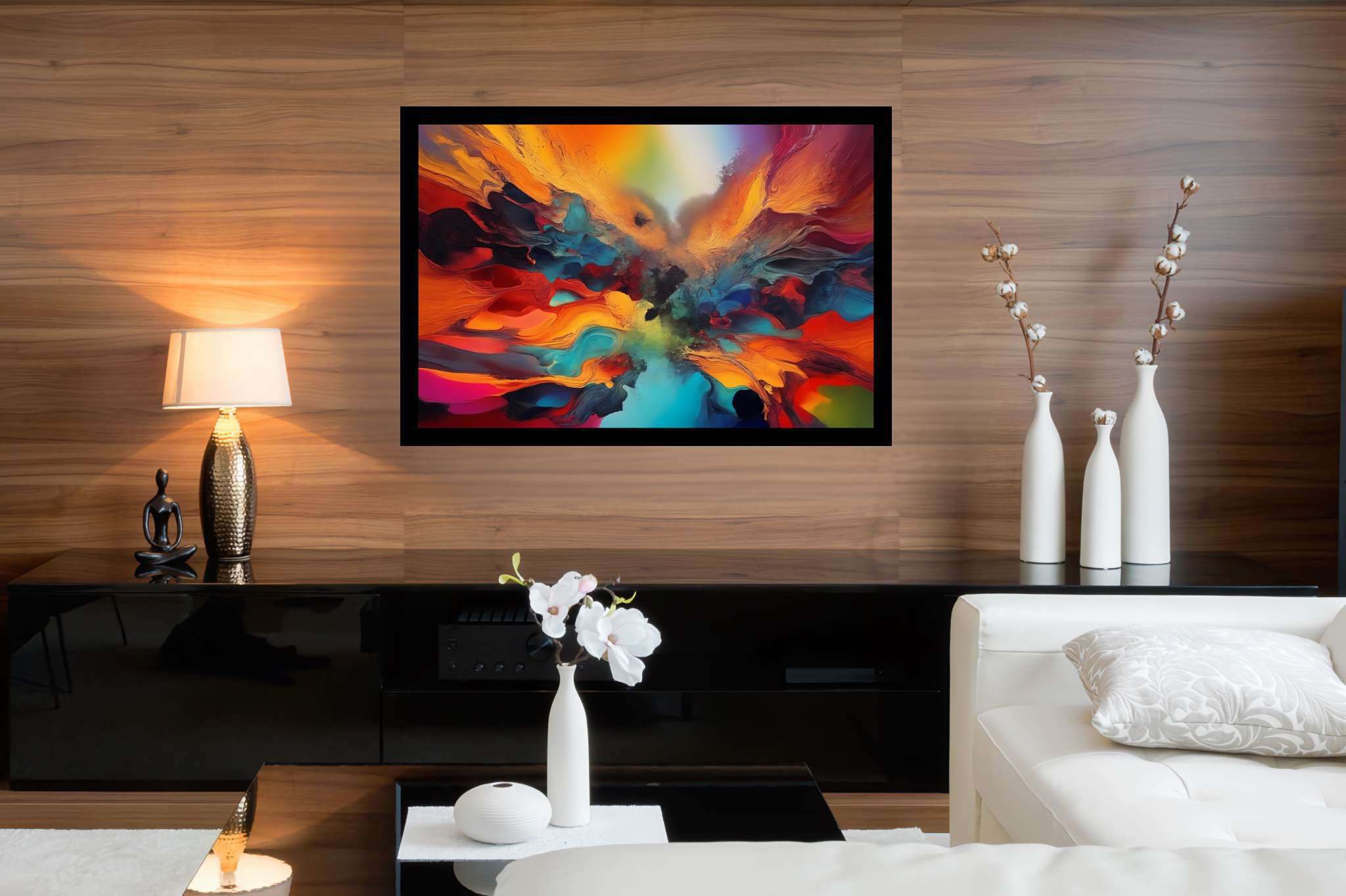 Chromatic rhapsody: Vibrant art with bold, in a room with great design, mural artworks, and trendy home accents. The art can be printed on poster, framed poster, canvas, metal, acrylic or wood, exclusively at WallArtZen. Find this exact print at https://wallartzen.com/waz253