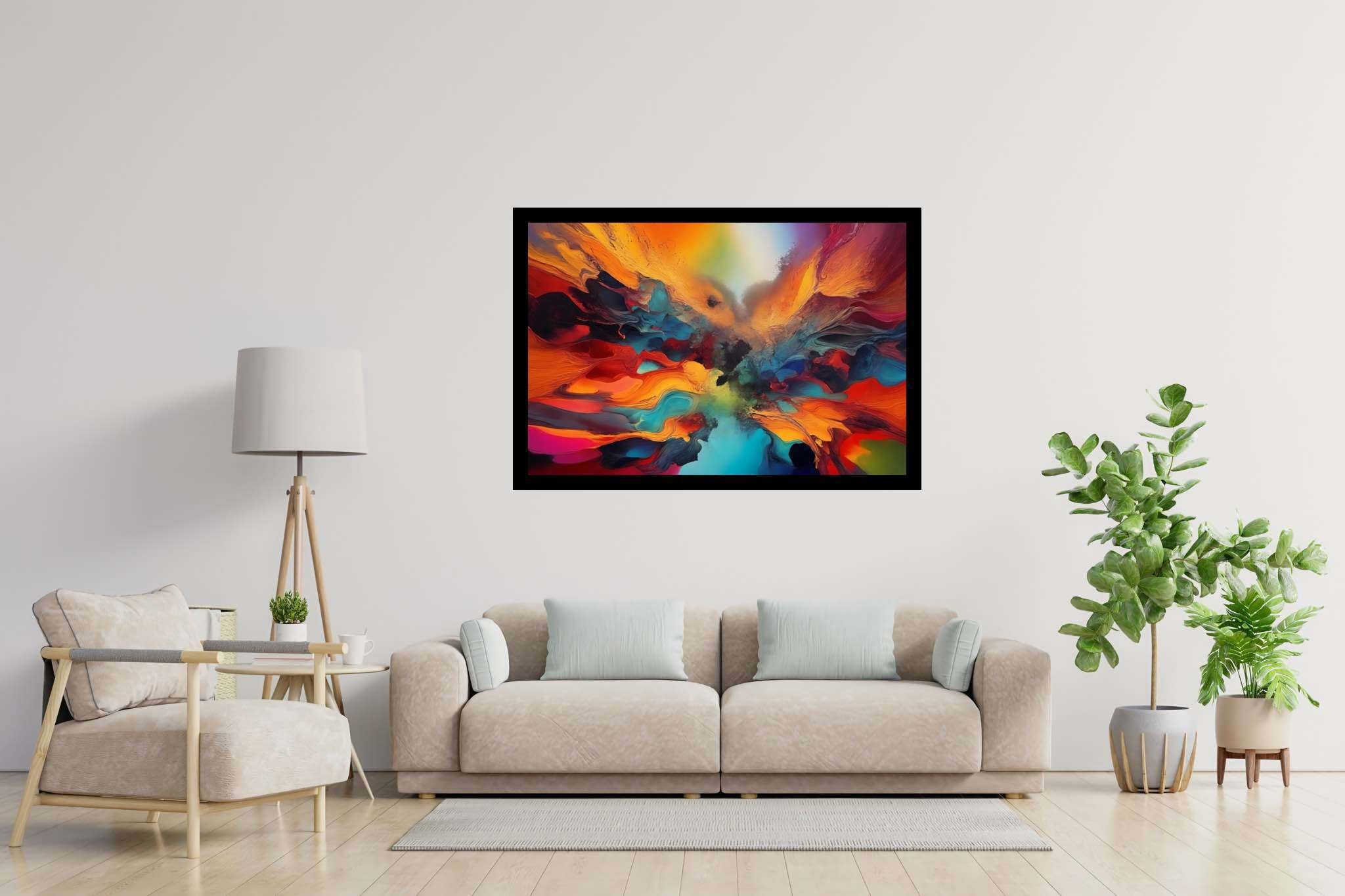 Chromatic rhapsody: Vibrant art with vibrant artworks, in a room with artistic style, canvas prints, and interior decorations. The art can be printed on poster, framed poster, canvas, metal, acrylic or wood, exclusively at WallArtZen. Find this exact print at https://wallartzen.com/waz253