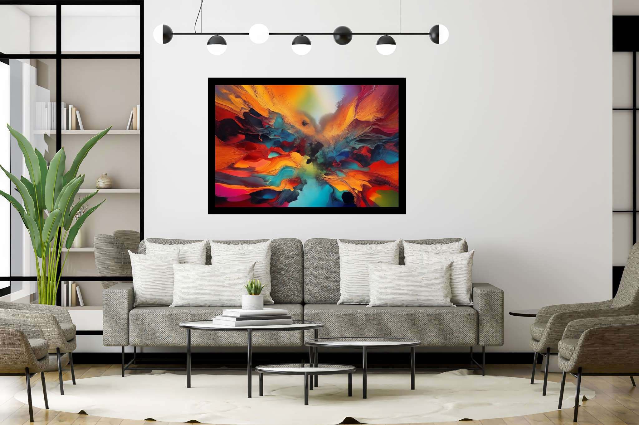 Chromatic rhapsody: Vibrant art with vibrant designs, in a room with classic elegance, digital art pieces, and elegant home goods. The art can be printed on poster, framed poster, canvas, metal, acrylic or wood, exclusively at WallArtZen. Find this exact print at https://wallartzen.com/waz253