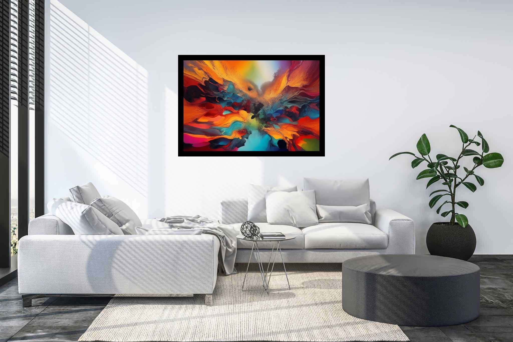Chromatic rhapsody: Vibrant art with vibrant paintings, in a room with elegant layout, abstract paintings, and interior decorations. The art can be printed on poster, framed poster, canvas, metal, acrylic or wood, exclusively at WallArtZen. Find this exact print at https://wallartzen.com/waz253