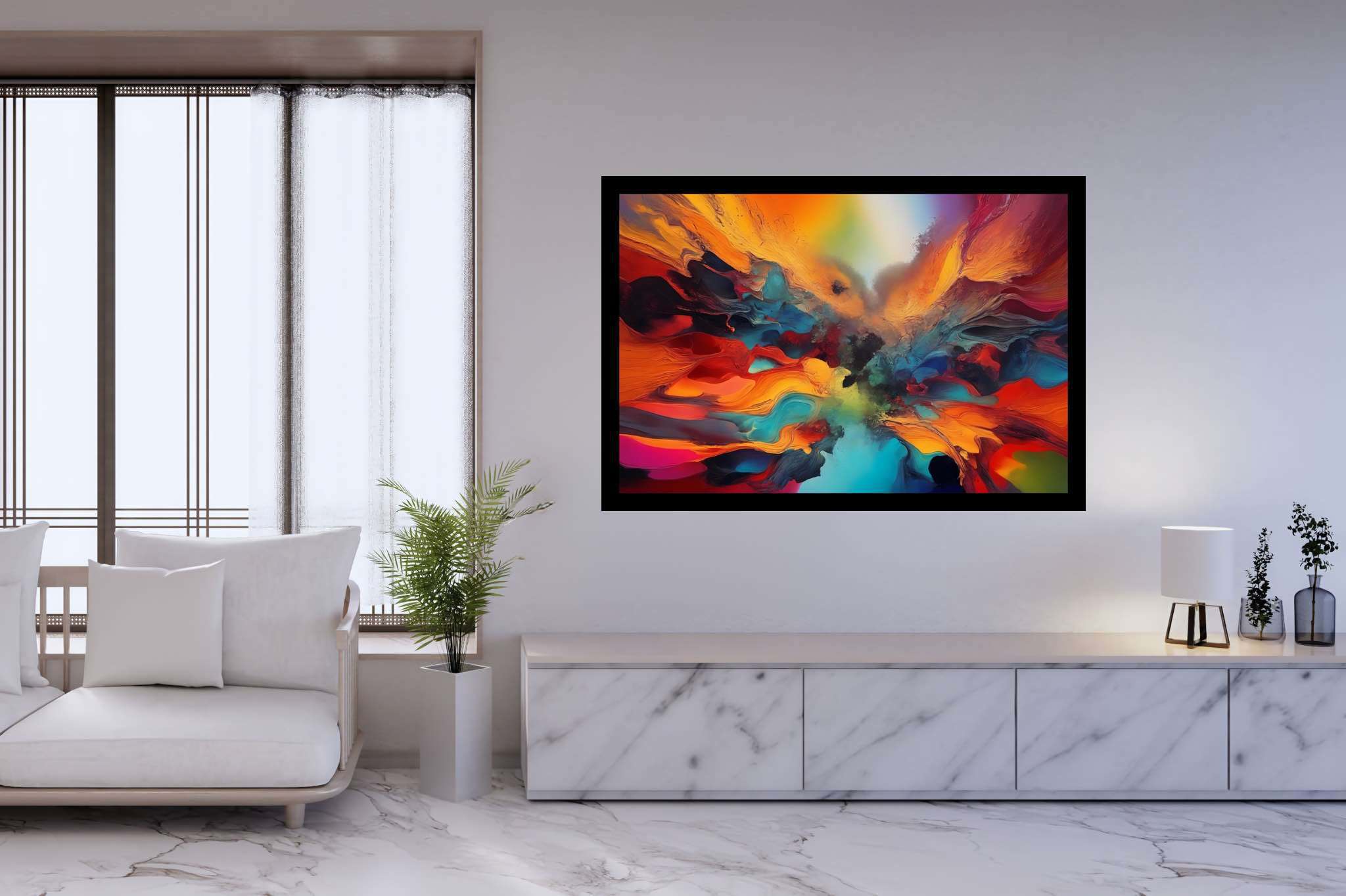 Chromatic rhapsody: Vibrant art with vivid, in a room with contemporary flair, wall art, and trendy home accents. The art can be printed on poster, framed poster, canvas, metal, acrylic or wood, exclusively at WallArtZen. Find this exact print at https://wallartzen.com/waz253