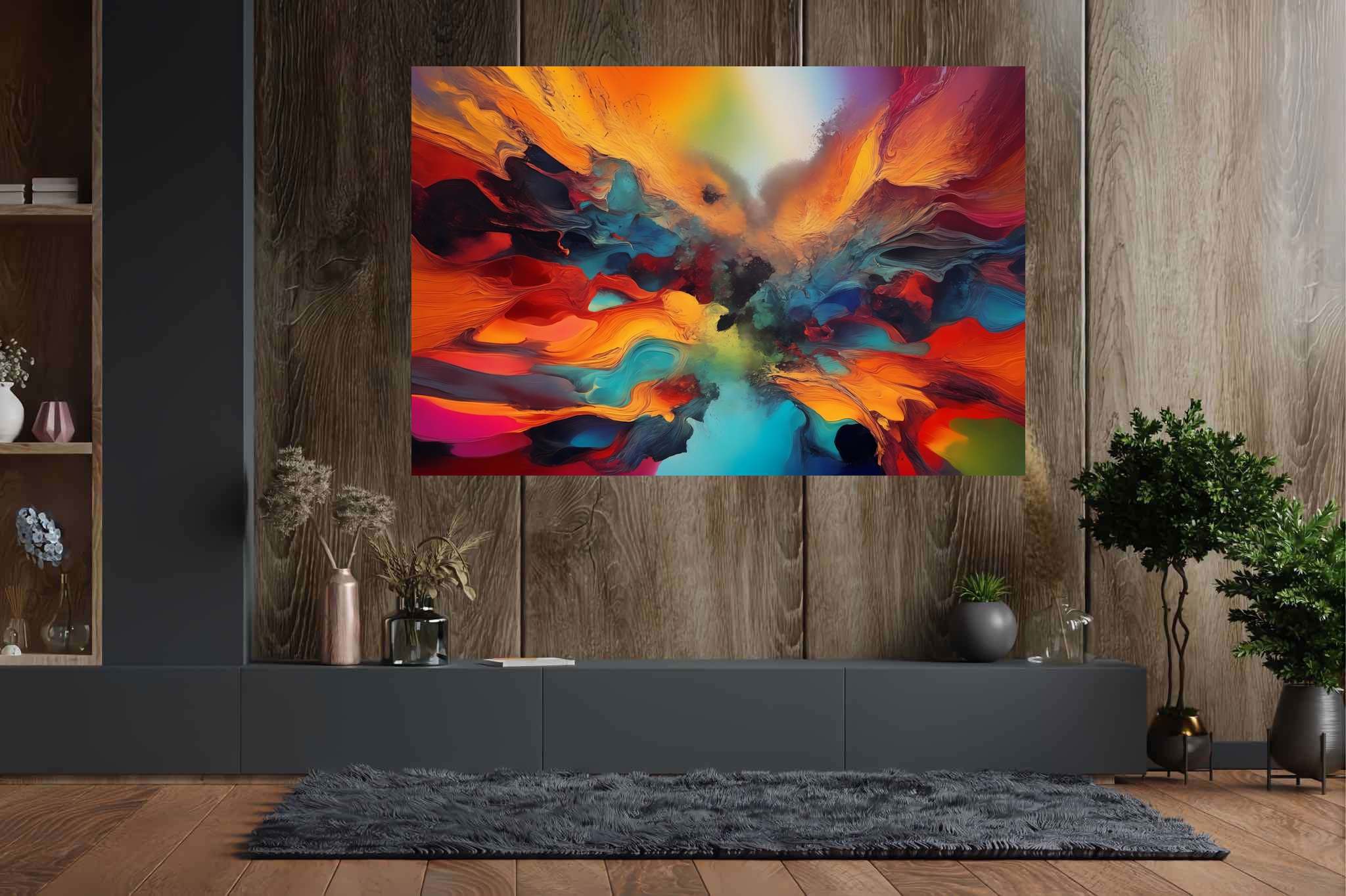 Chromatic rhapsody: Vibrant art with vibrant designs, in a room with modern style, gallery-quality artwork, and elegant home goods. The art can be printed on poster, framed poster, canvas, metal, acrylic or wood, exclusively at WallArtZen. Find this exact print at https://wallartzen.com/waz253