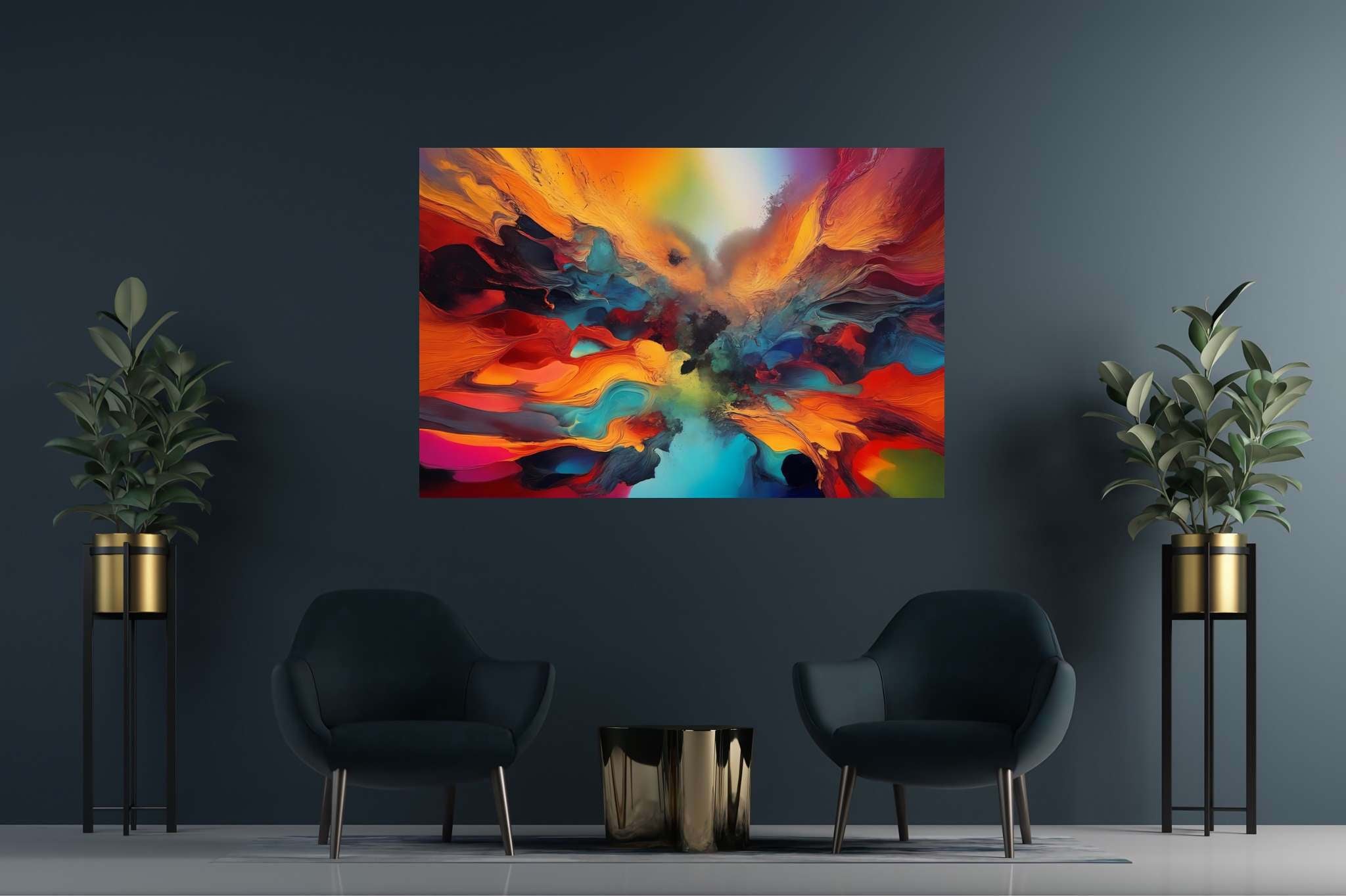 Chromatic rhapsody: Vibrant art with vibrant abstract art, in a room with artistic style, bespoke art designs, and elegant home goods. The art can be printed on poster, framed poster, canvas, metal, acrylic or wood, exclusively at WallArtZen. Find this exact print at https://wallartzen.com/waz253