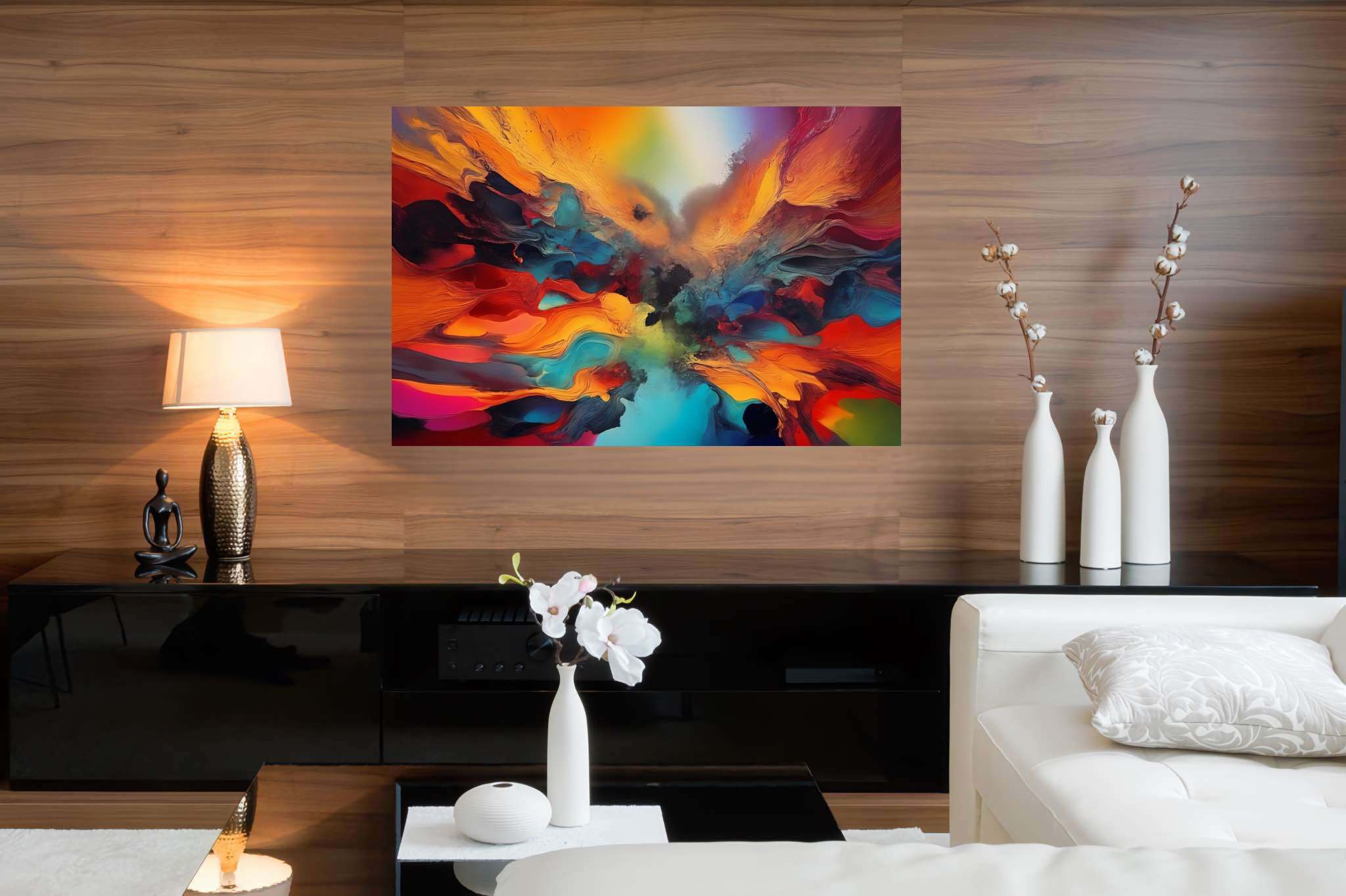 Chromatic rhapsody: Vibrant art with colorful, in a room with modern style, gallery-quality artwork, and luxe decor. The art can be printed on poster, framed poster, canvas, metal, acrylic or wood, exclusively at WallArtZen. Find this exact print at https://wallartzen.com/waz253
