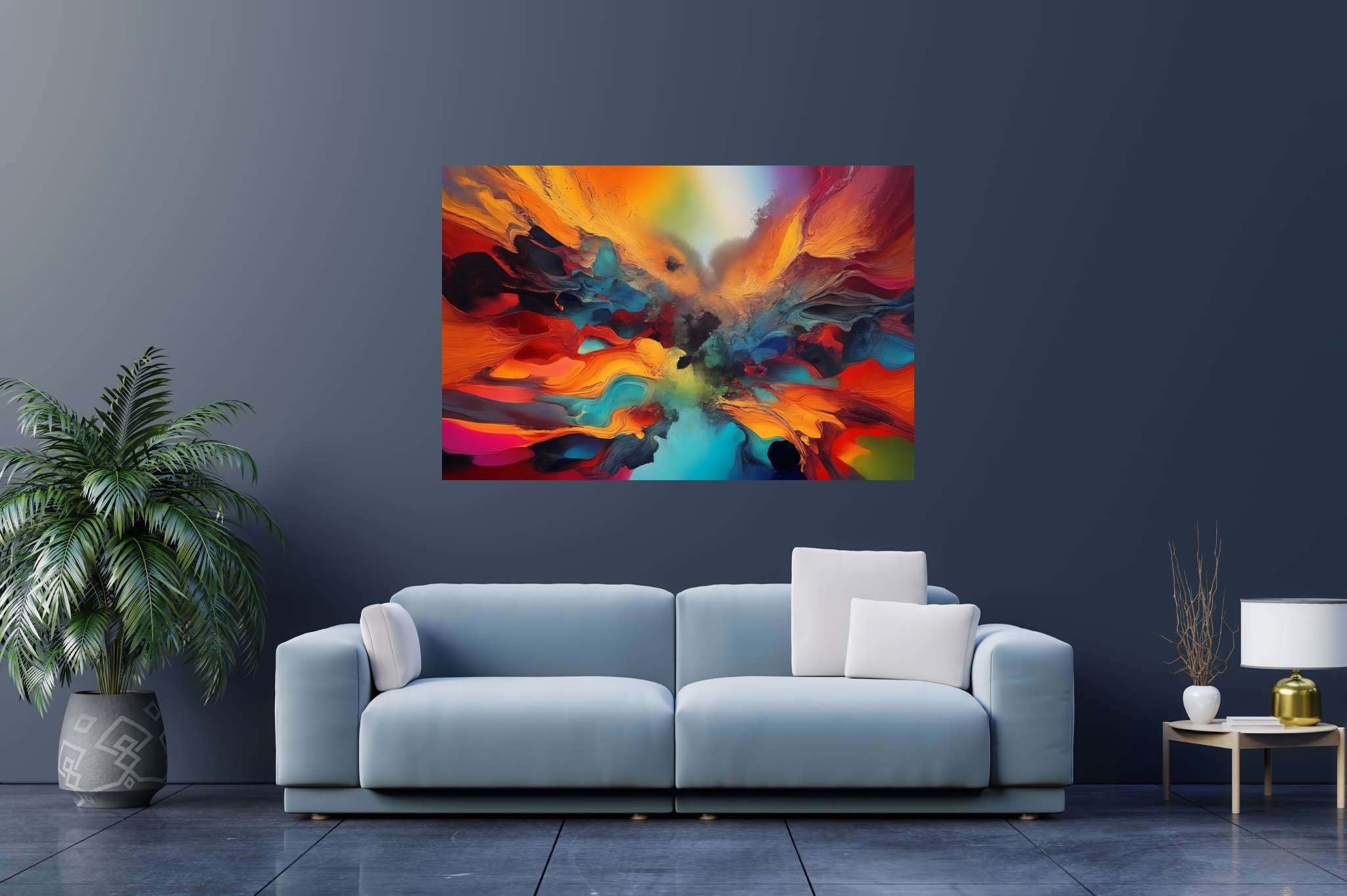 Chromatic rhapsody: Vibrant art with bold, in a room with contemporary flair, canvas prints, and home furnishings. The art can be printed on poster, framed poster, canvas, metal, acrylic or wood, exclusively at WallArtZen. Find this exact print at https://wallartzen.com/waz253