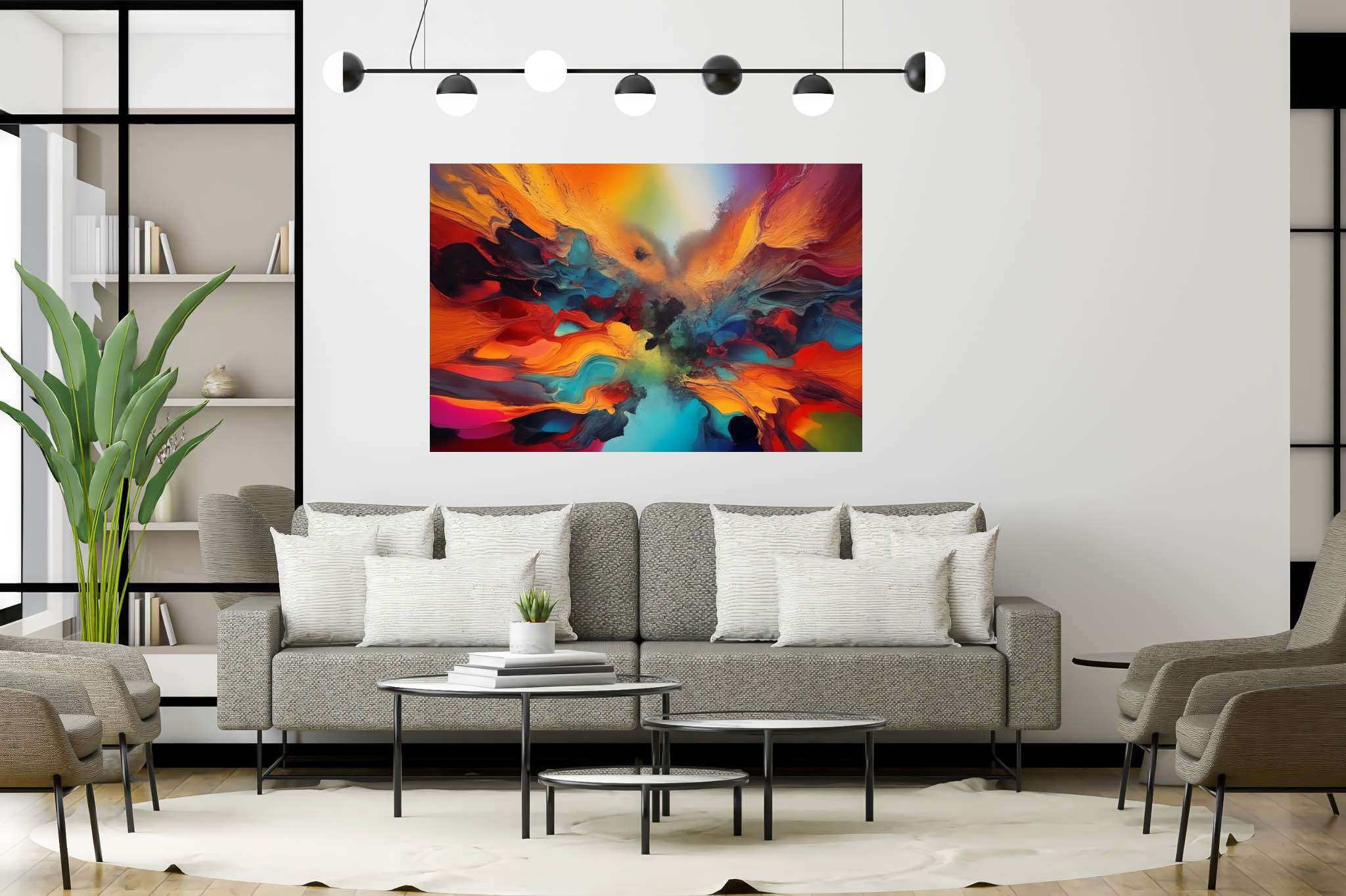 Chromatic rhapsody: Vibrant art with dynamic, in a room with minimalist approach, wall hangings, and designer furniture. The art can be printed on poster, framed poster, canvas, metal, acrylic or wood, exclusively at WallArtZen. Find this exact print at https://wallartzen.com/waz253