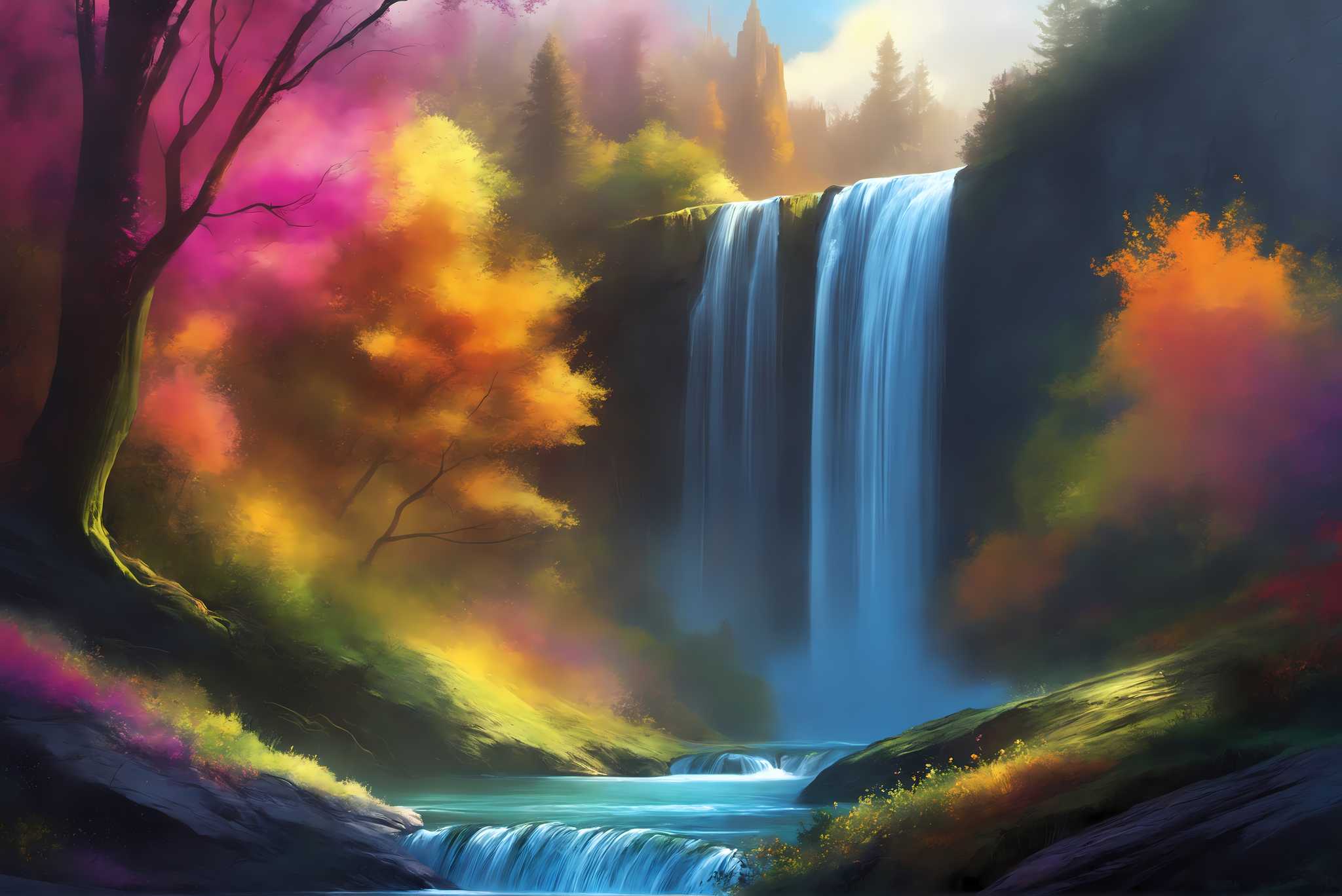 Verdant veil cascade: Waterfall art with art of waterfalls, in a room with urban design, photographic wall art, and decorative pieces. The art can be printed on poster, framed poster, canvas, metal, acrylic or wood, exclusively at WallArtZen. Find this exact print at https://wallartzen.com/waz255