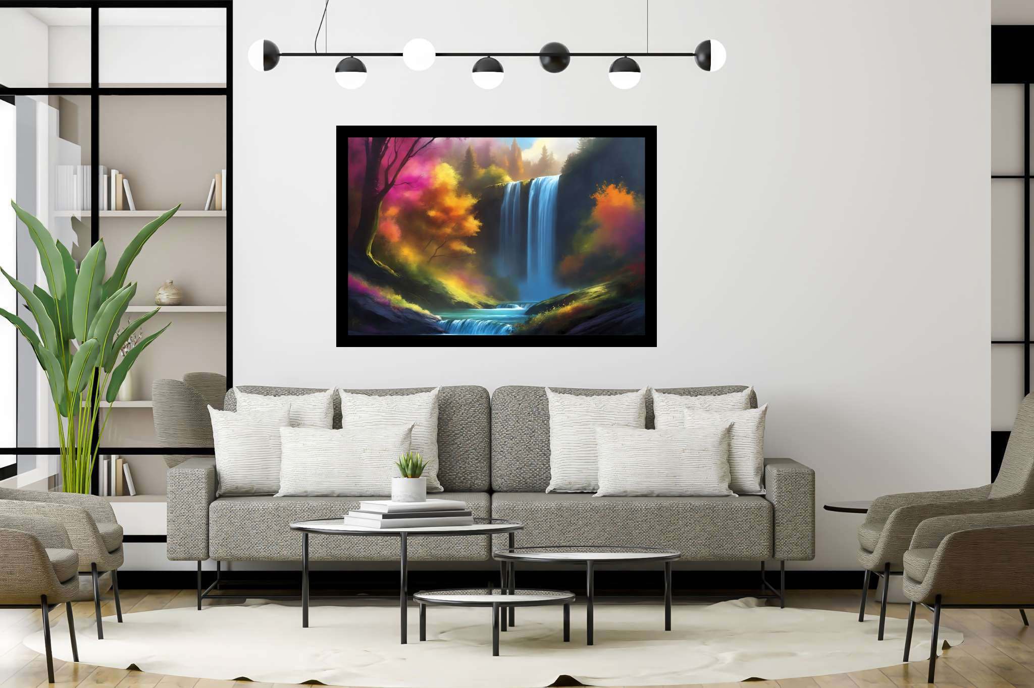 Verdant veil cascade: Waterfall art with serene landscapes, in a room with great design, wall hangings, and home styling items. The art can be printed on poster, framed poster, canvas, metal, acrylic or wood, exclusively at WallArtZen. Find this exact print at https://wallartzen.com/waz255