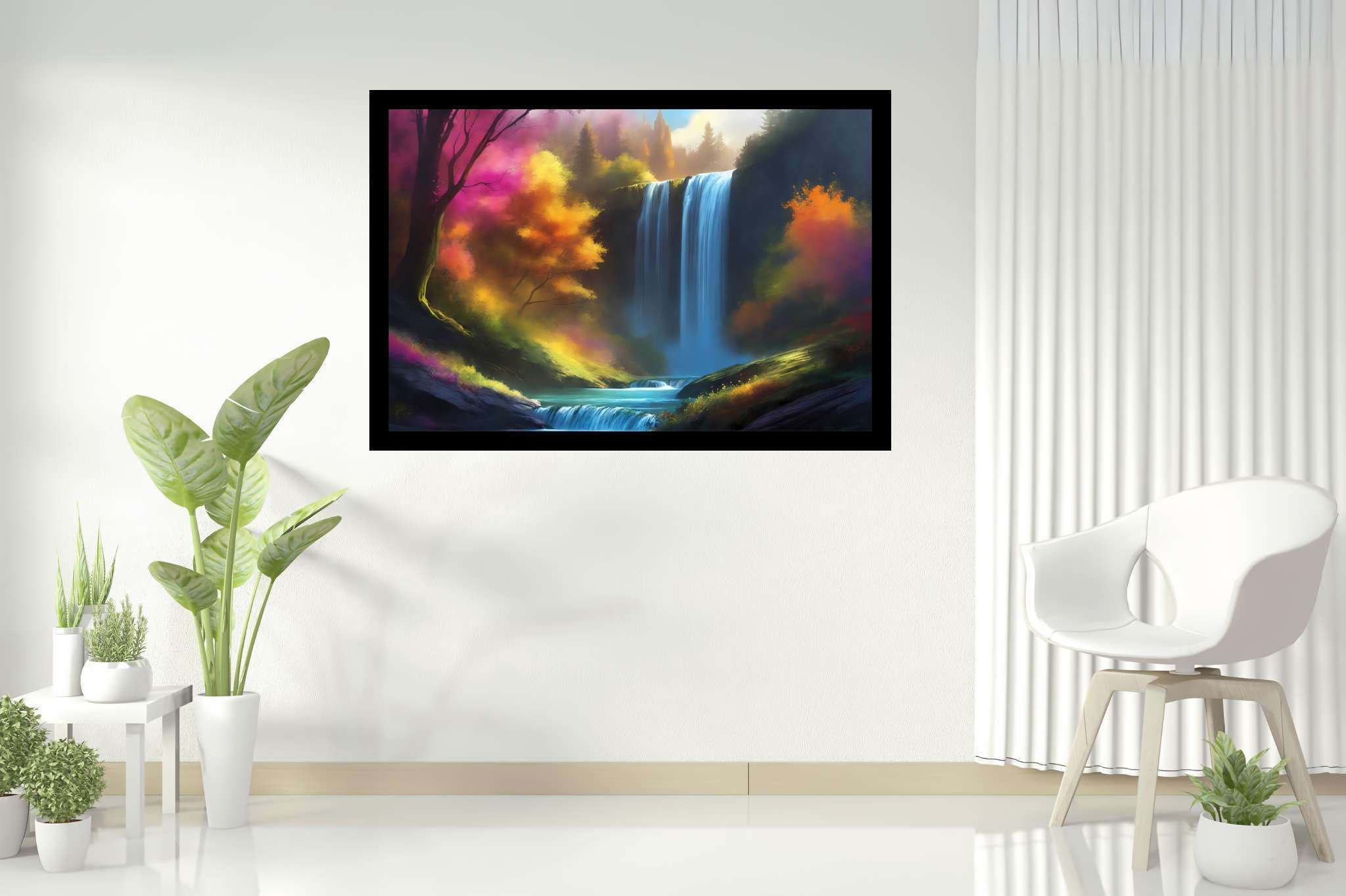Verdant veil cascade: Waterfall art with cascading waterfalls, in a room with classic elegance, framed art, and decorative pieces. The art can be printed on poster, framed poster, canvas, metal, acrylic or wood, exclusively at WallArtZen. Find this exact print at https://wallartzen.com/waz255
